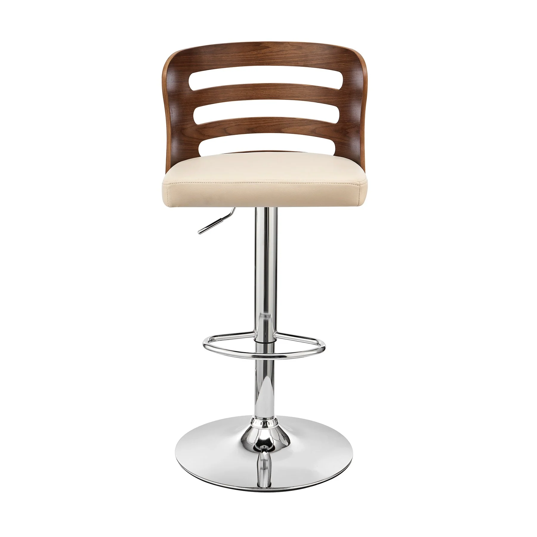Khalia Adjustable Swivel Cream Faux Leather and Walnut Wood Bar Stool with Chrome Base - Image 2