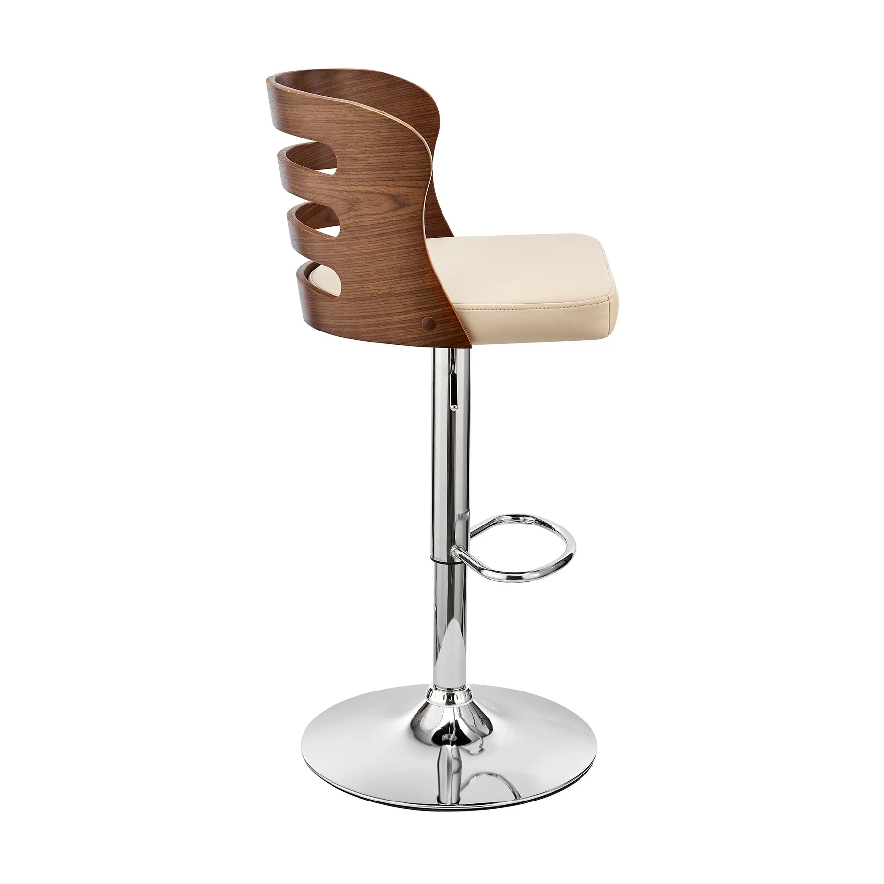 Khalia Adjustable Swivel Cream Faux Leather and Walnut Wood Bar Stool with Chrome Base - Image 3