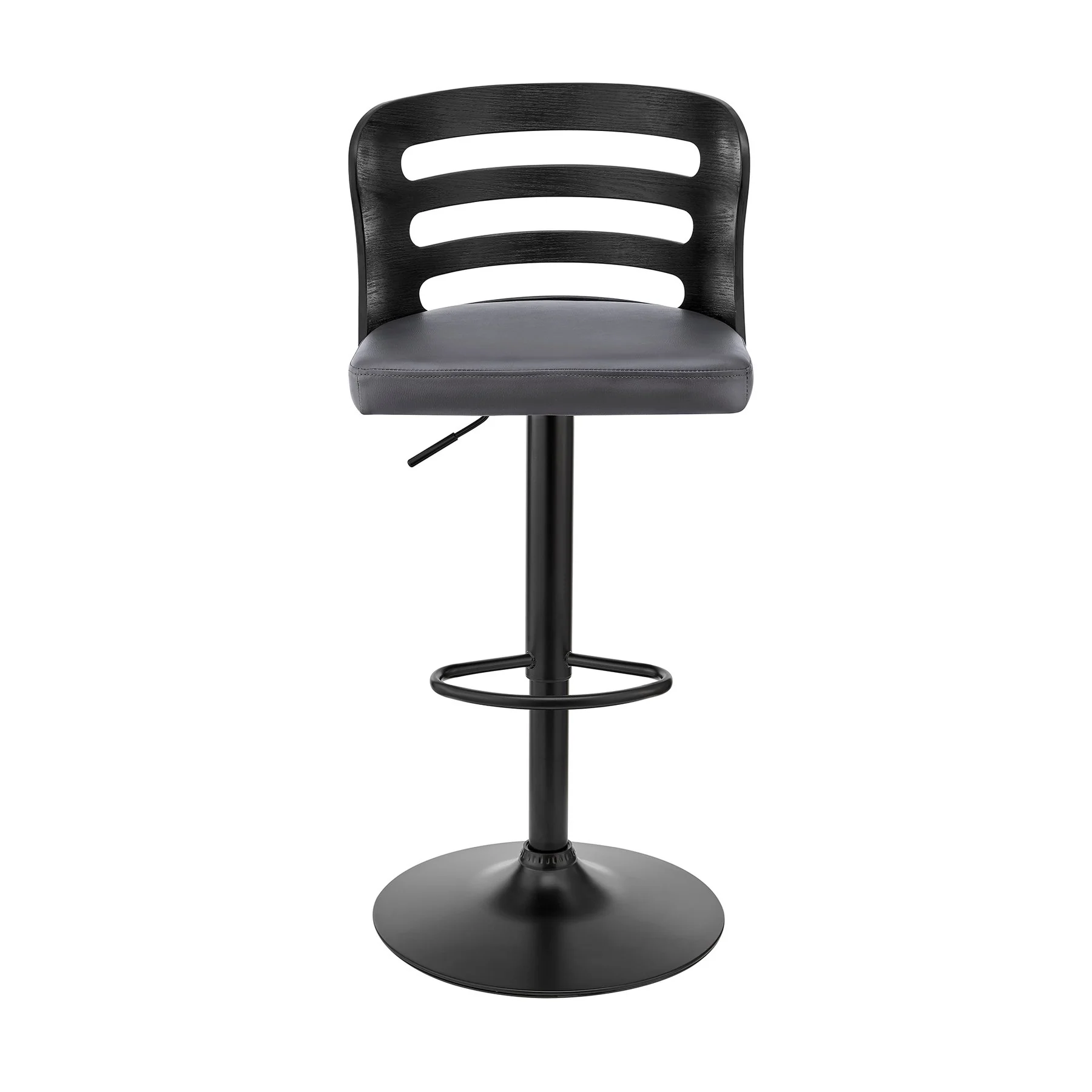 Khalia Adjustable Swivel Gray Faux Leather and Black Wood Bar Stool with Black Base - Image 2