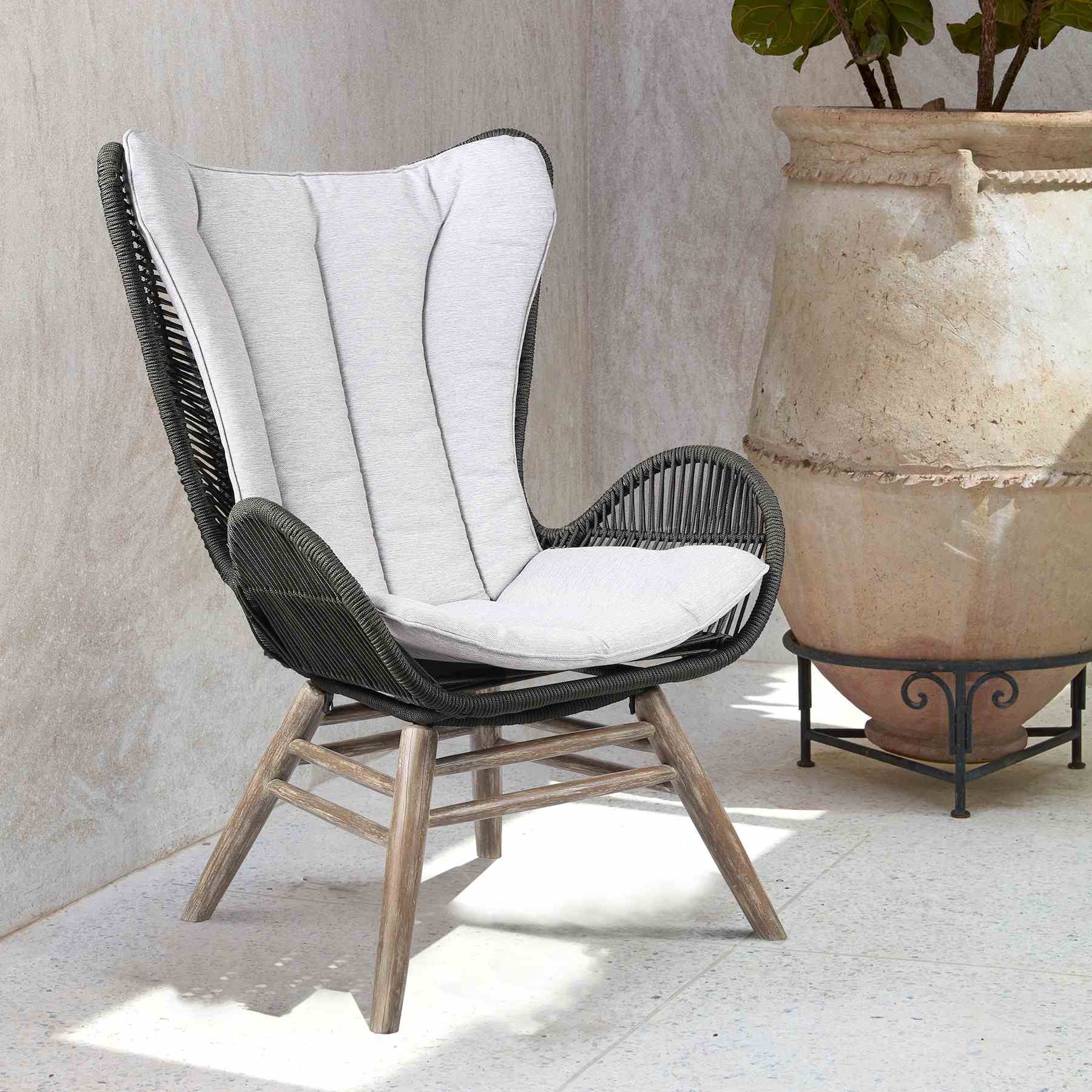 King Indoor Outdoor Lounge Chair in Light Eucalyptus Wood with Charcoal Rope and Gray Cushion - Image 8