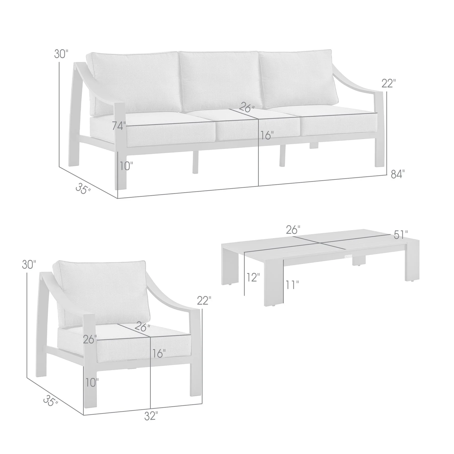 Koda 4 Piece Outdoor Patio Furniture Set in Black Aluminum with Gray Cushions - Image 13