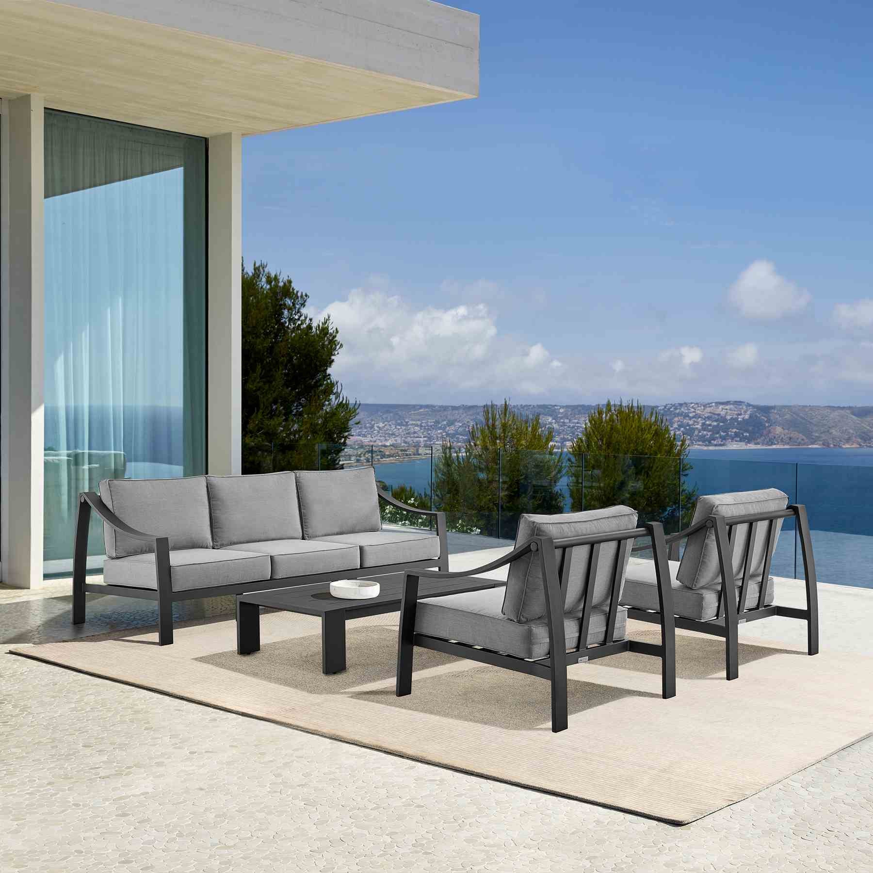 Koda 4 Piece Outdoor Patio Furniture Set in Black Aluminum with Gray Cushions - Image 14