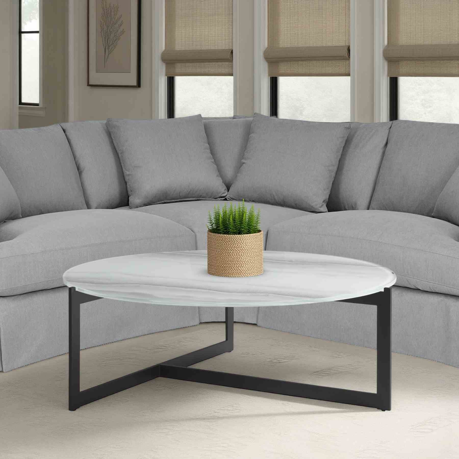 Krike Modern Industrial 40 in. Round White Coffee Table with Tempered Glass Top - Image 8