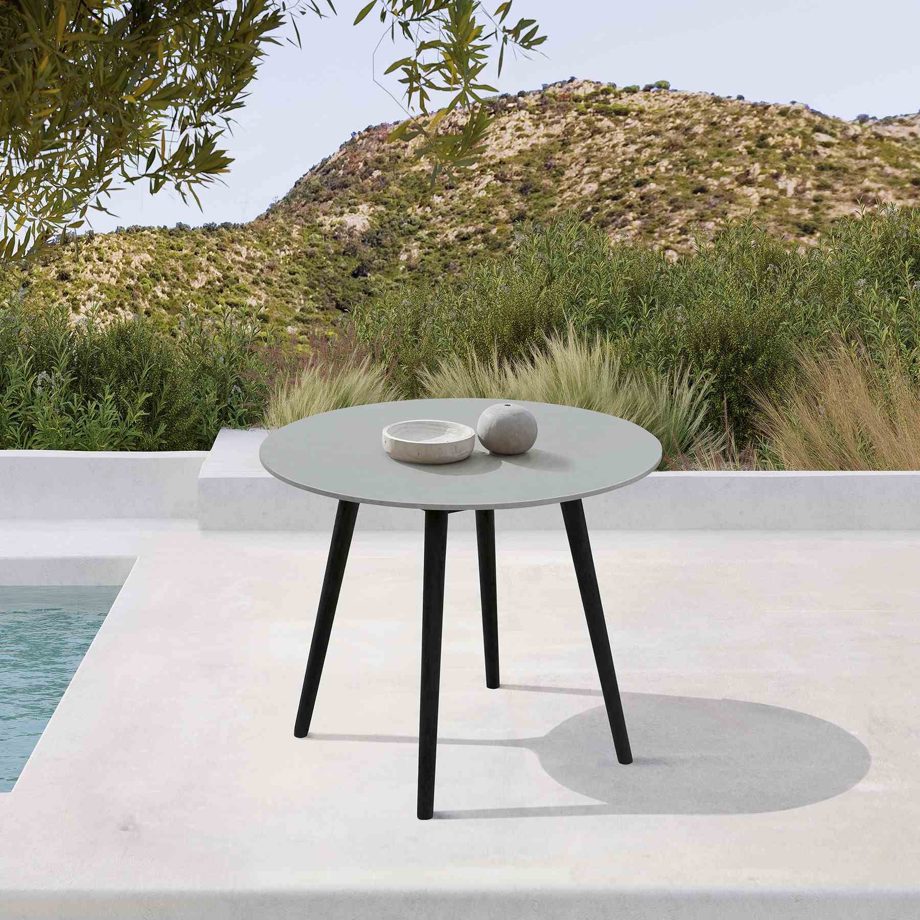 Kylie Outdoor Patio Round 36" Dining Table in Black Eucalyptus and Gray Stone - Image 9