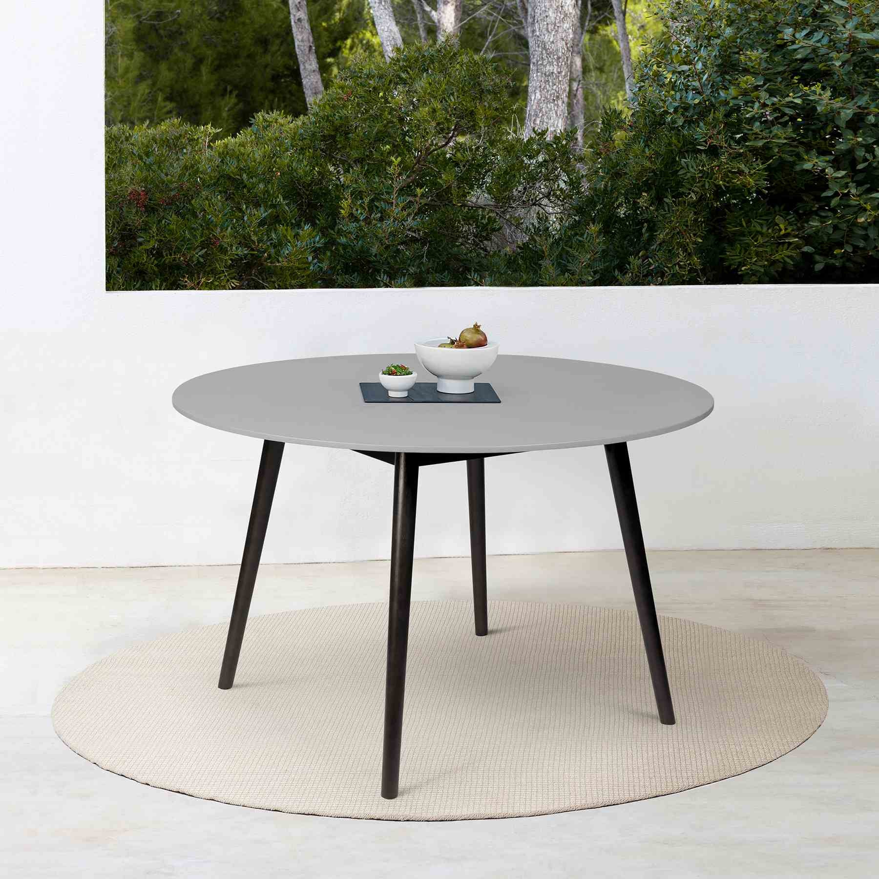 Kylie Outdoor Patio Round Dining Table in Black Eucalyptus and Gray Stone - Image 9