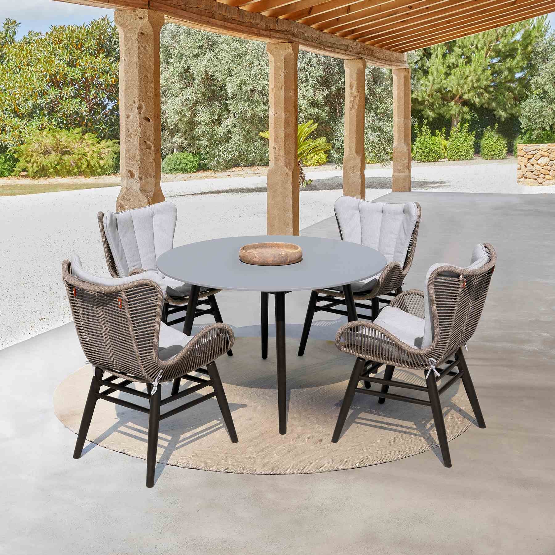 Kylie Outdoor Patio Round Dining Table in Dark Eucalyptus and Gray Stone - Image 10