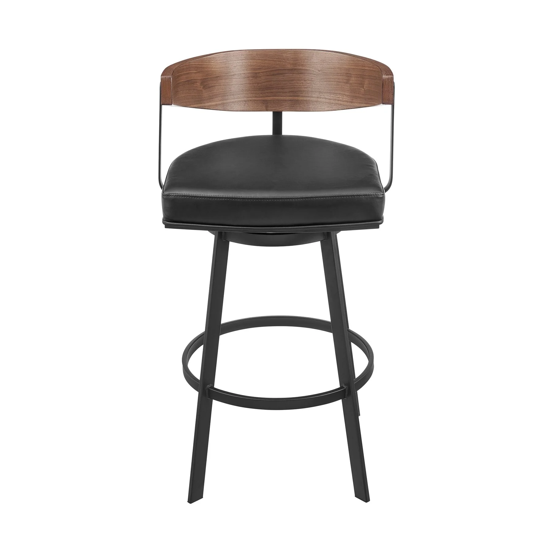Lacey 26" Swivel Counter Stool in Black Iron with Walnut Finish and Vintage Black Faux Leather - Image 2