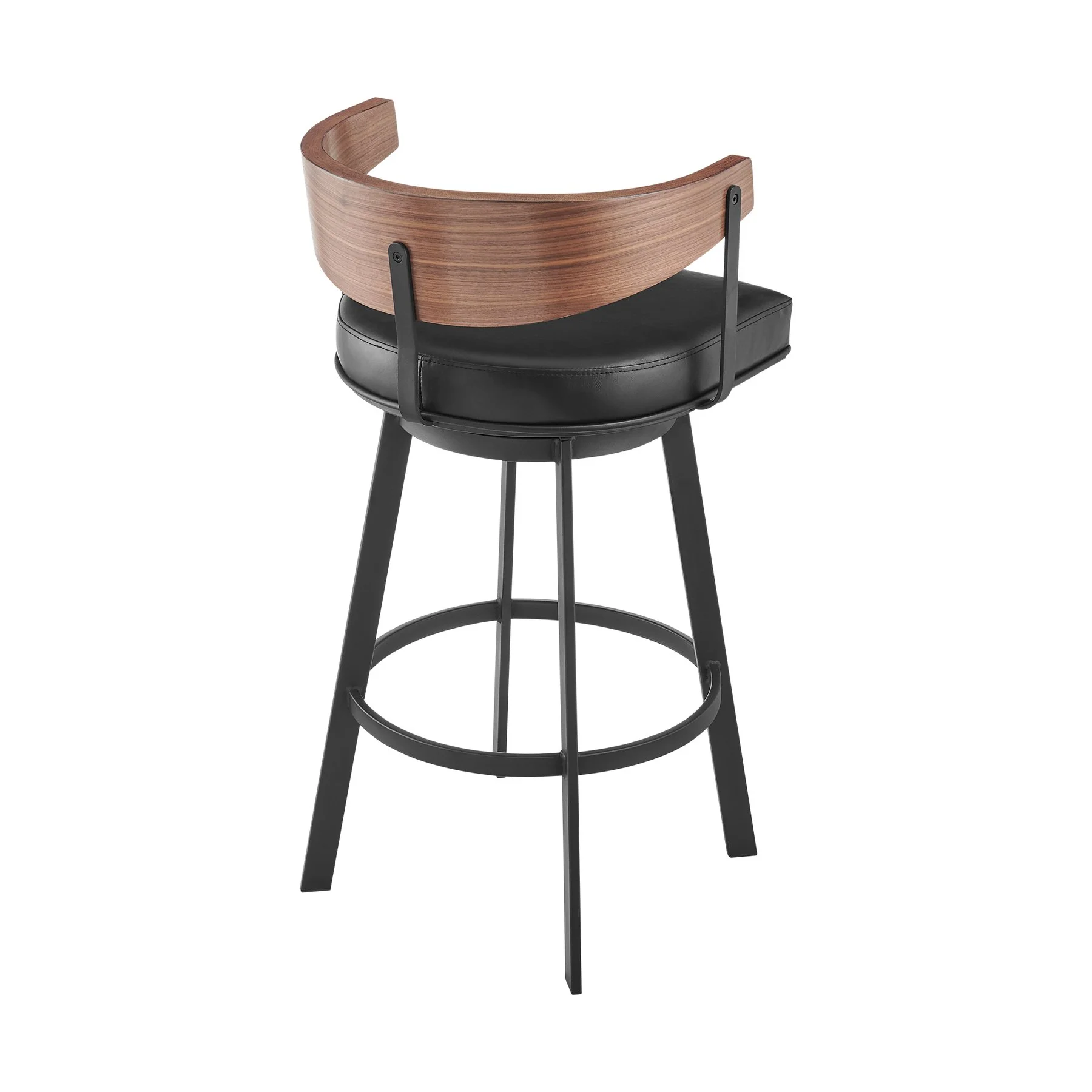 Lacey 26" Swivel Counter Stool in Black Iron with Walnut Finish and Vintage Black Faux Leather - Image 3