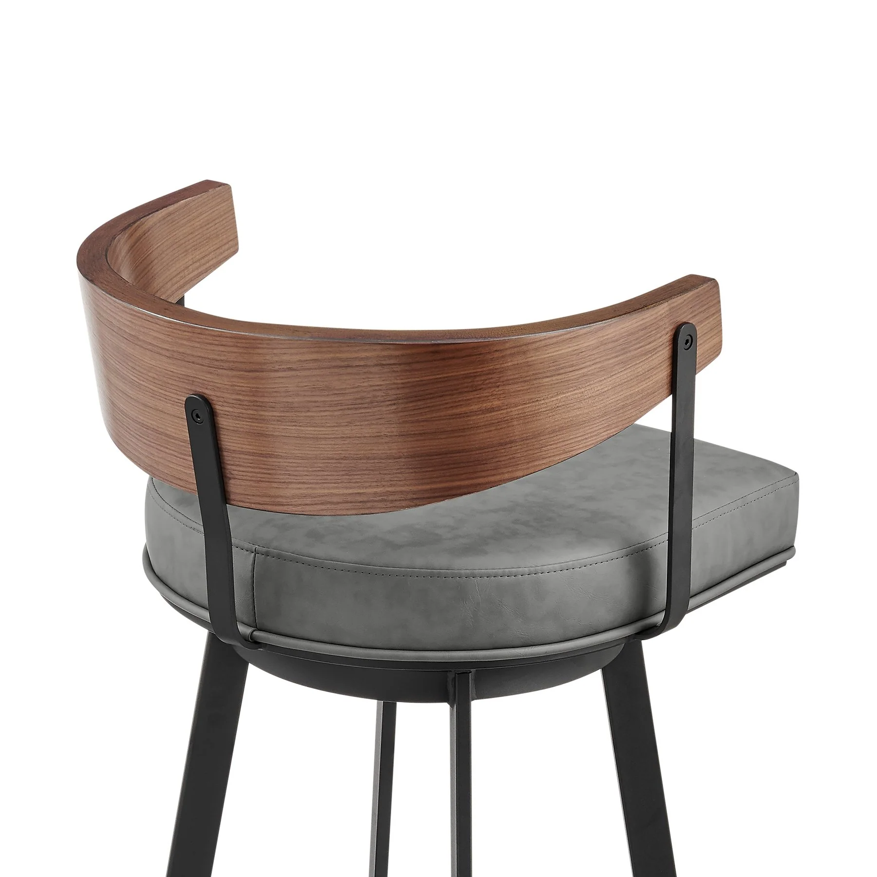 Lacey 26" Swivel Counter Stool in Black Iron with Walnut Finish and Vintage Gray Faux Leather - Image 5