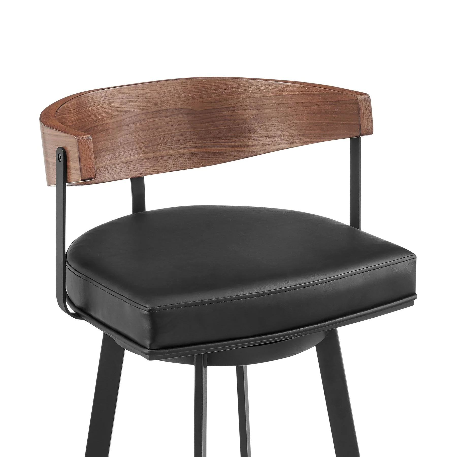 Lacey 30" Swivel Bar Stool in Black Iron with Walnut Finish and Vintage Black Faux Leather - Image 4