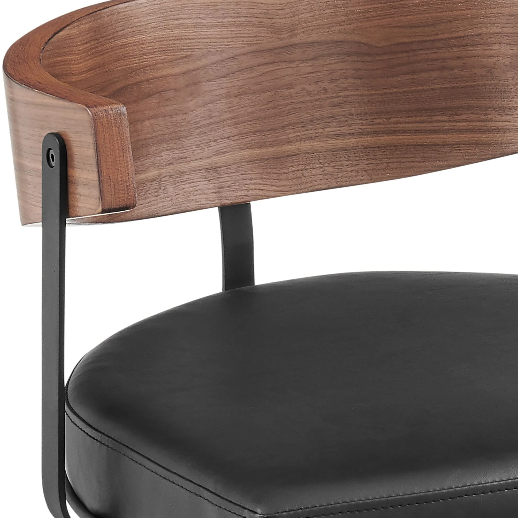 Lacey 30" Swivel Bar Stool in Black Iron with Walnut Finish and Vintage Black Faux Leather - Image 6