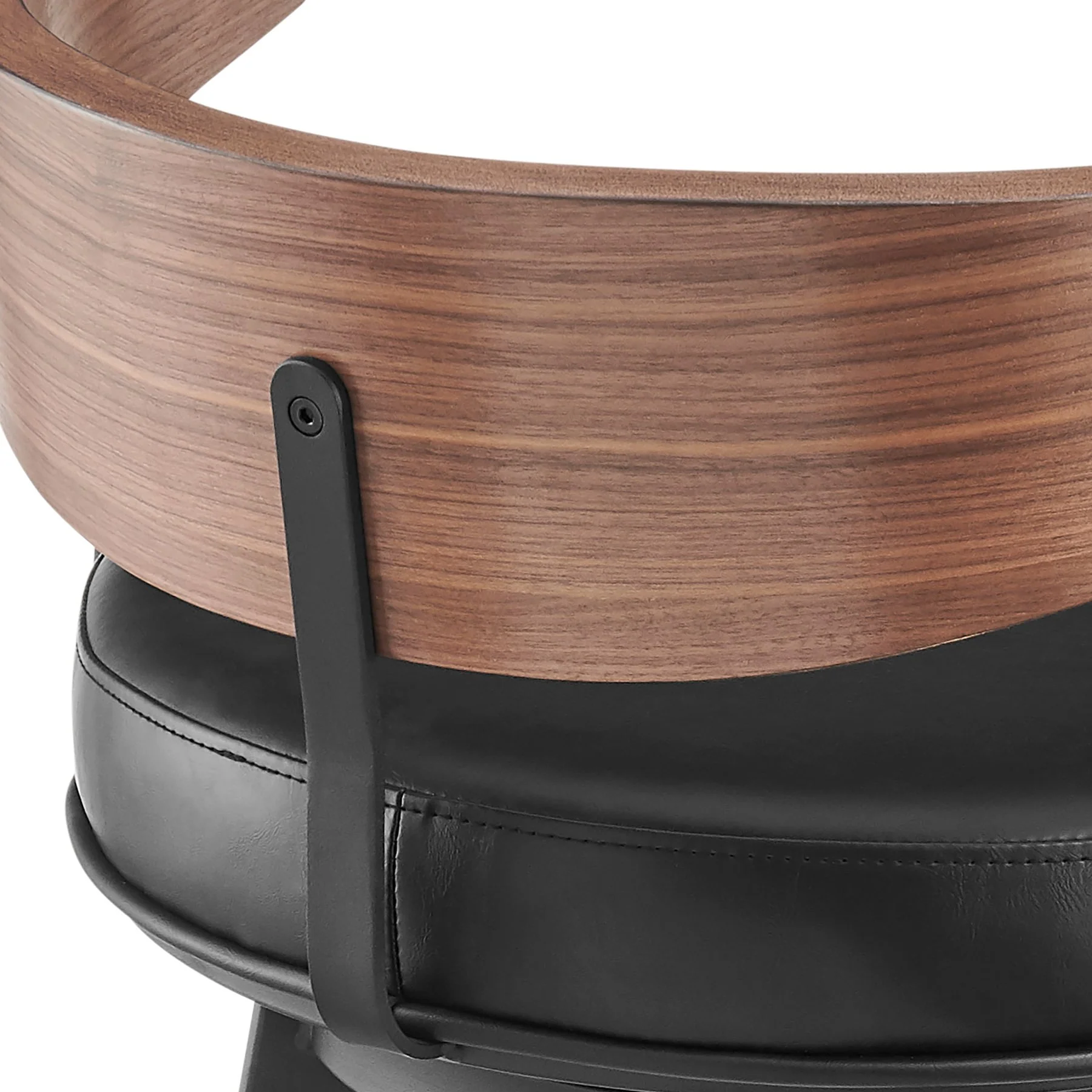 Lacey 30" Swivel Bar Stool in Black Iron with Walnut Finish and Vintage Black Faux Leather - Image 7