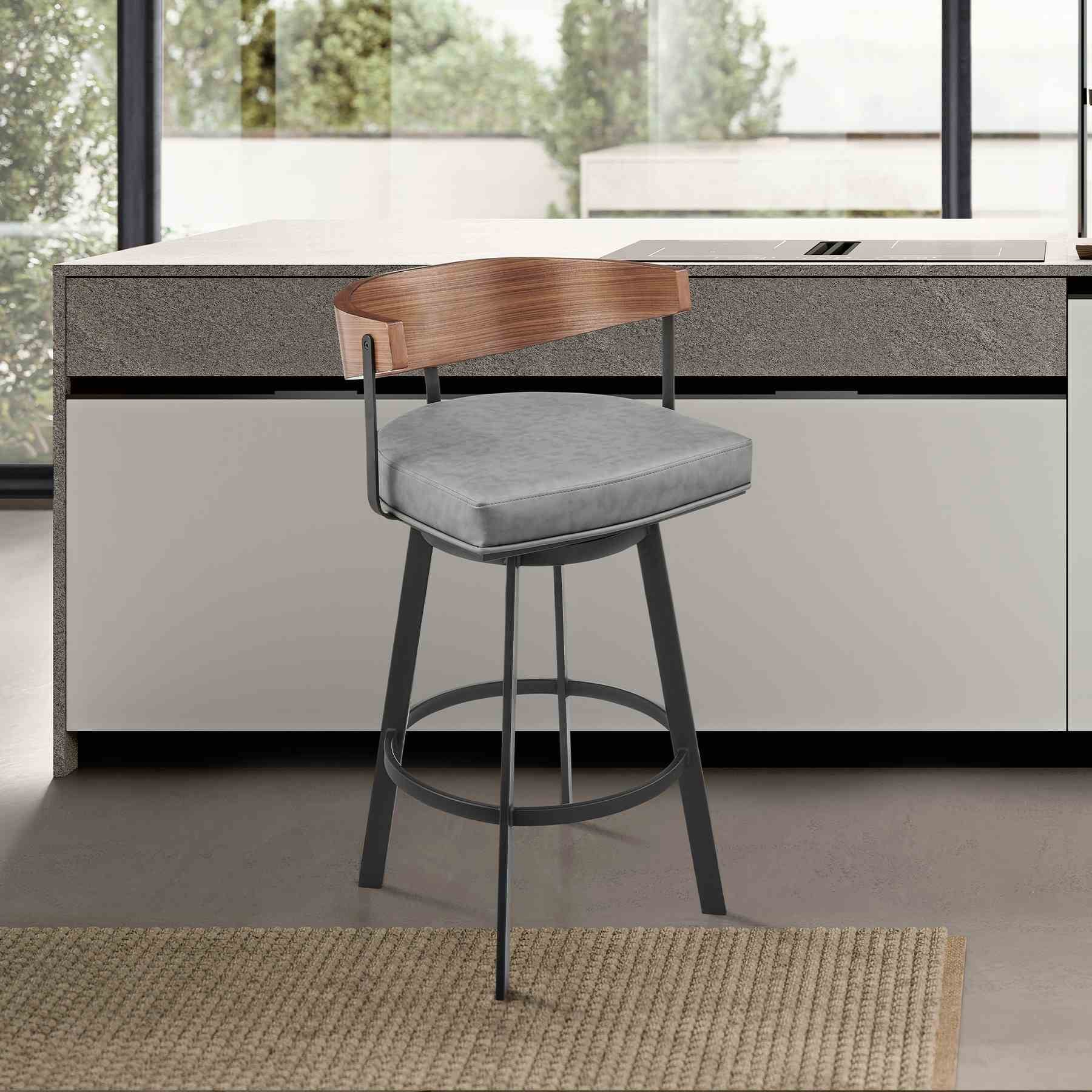 Lacey 30" Swivel Bar Stool in Black Iron with Walnut Finish and Vintage Gray Faux Leather - Image 10