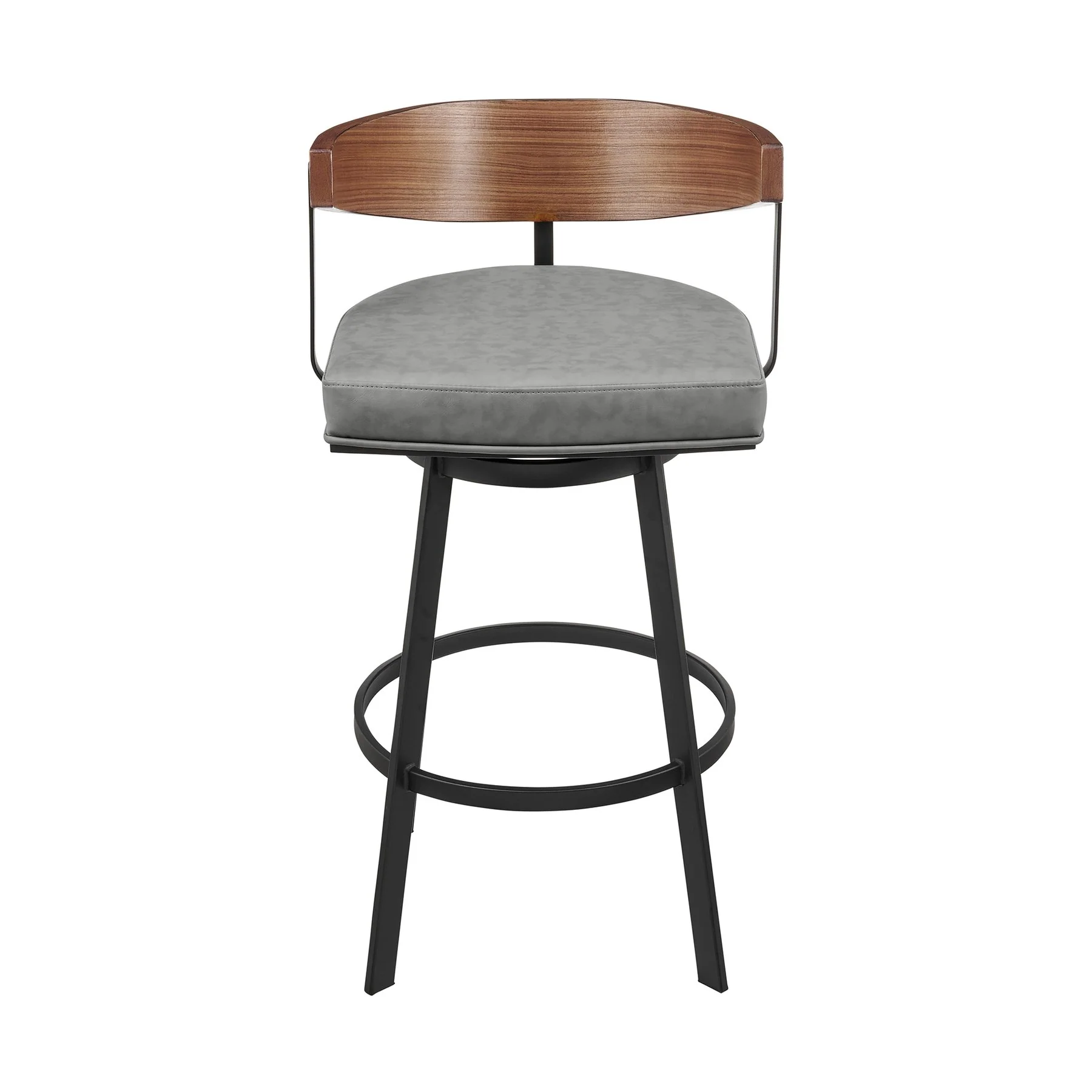 Lacey 30" Swivel Bar Stool in Black Iron with Walnut Finish and Vintage Gray Faux Leather - Image 2