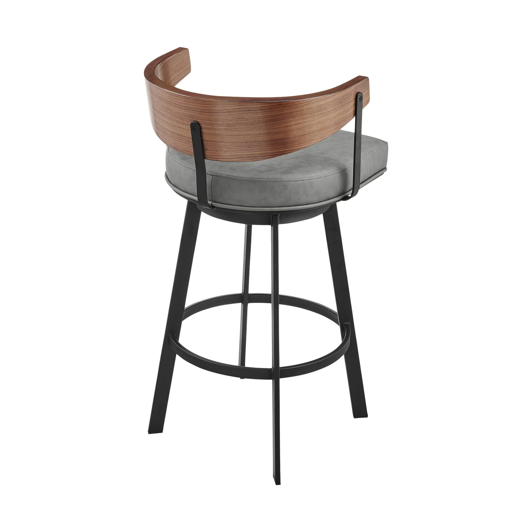 Lacey 30" Swivel Bar Stool in Black Iron with Walnut Finish and Vintage Gray Faux Leather - Image 3