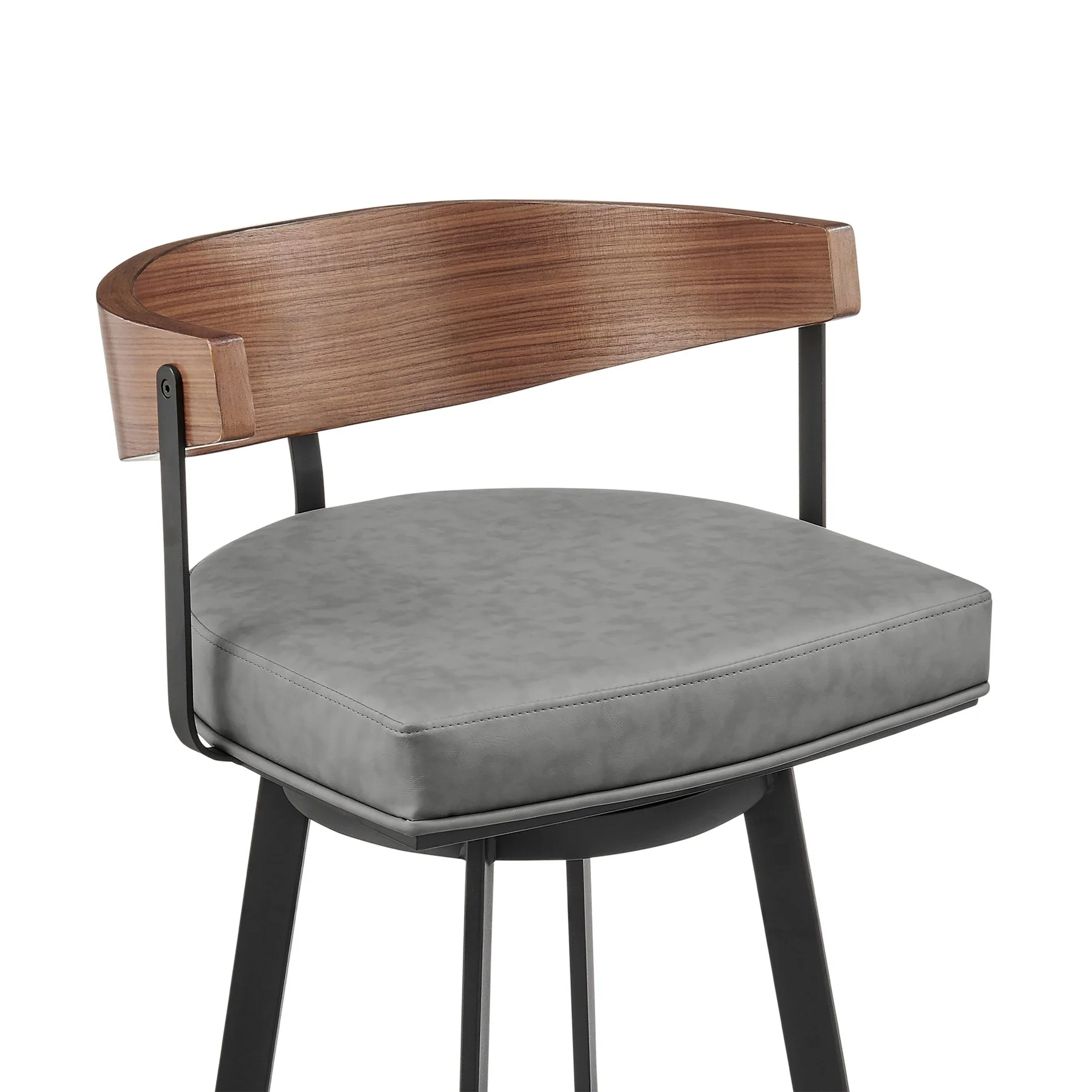 Lacey 30" Swivel Bar Stool in Black Iron with Walnut Finish and Vintage Gray Faux Leather - Image 4