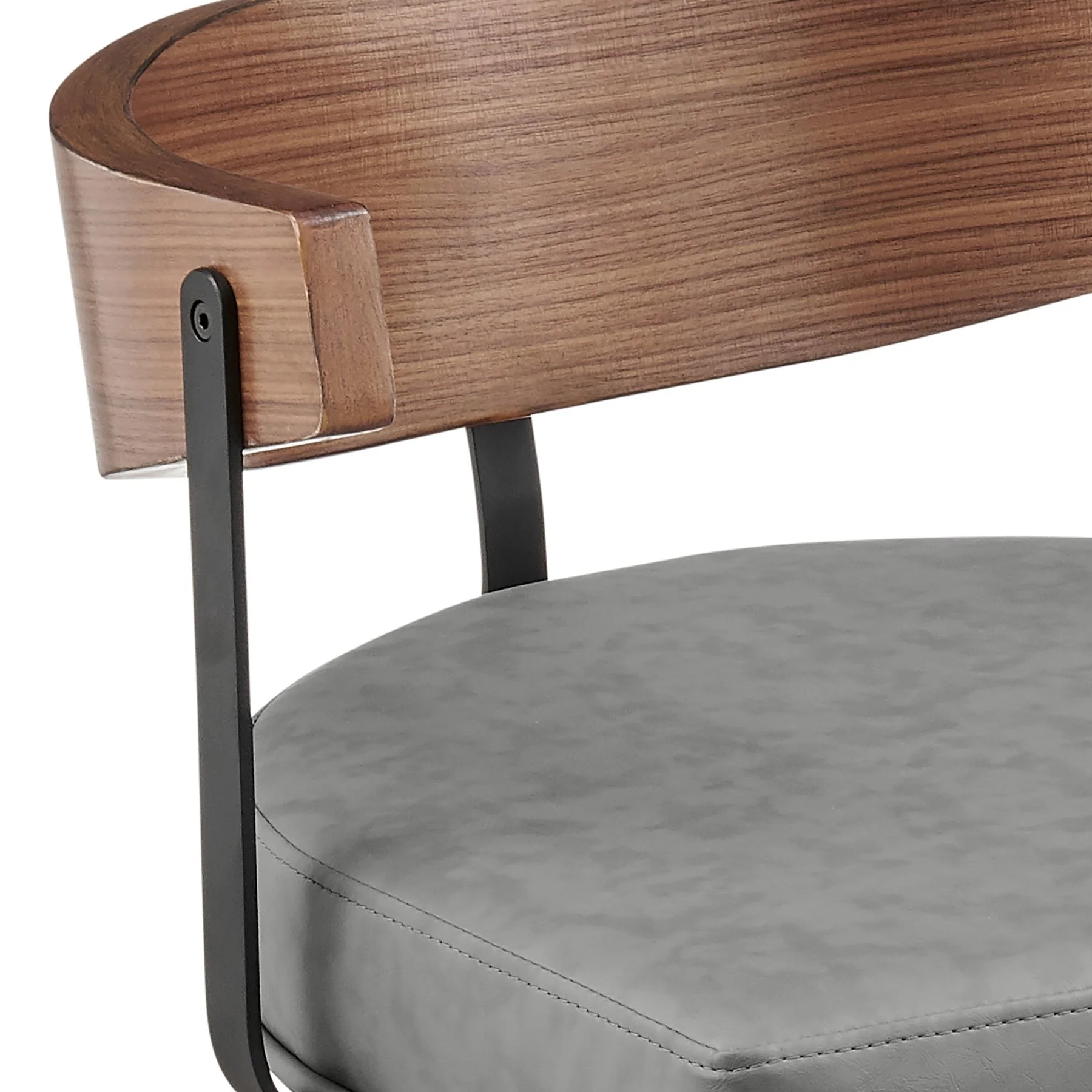Lacey 30" Swivel Bar Stool in Black Iron with Walnut Finish and Vintage Gray Faux Leather - Image 6
