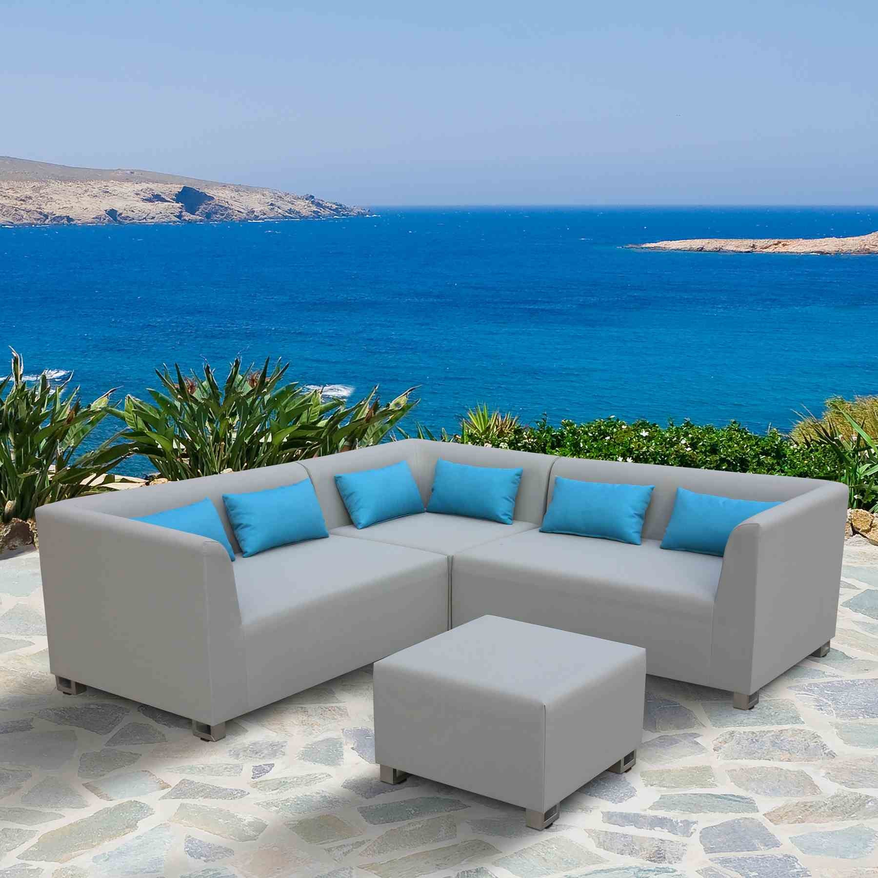 Lagoon 4 piece Outdoor Textilene Sectional Set in Taupe with Sky Blue Accent Pillows - Image 5
