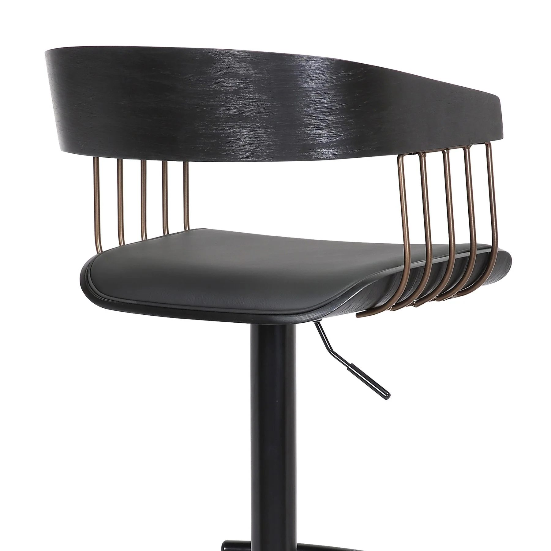 Larisa Adjustable Black Wood Bar Stool in Black Faux Leather with Golden Bronze and Black Metal - Image 7