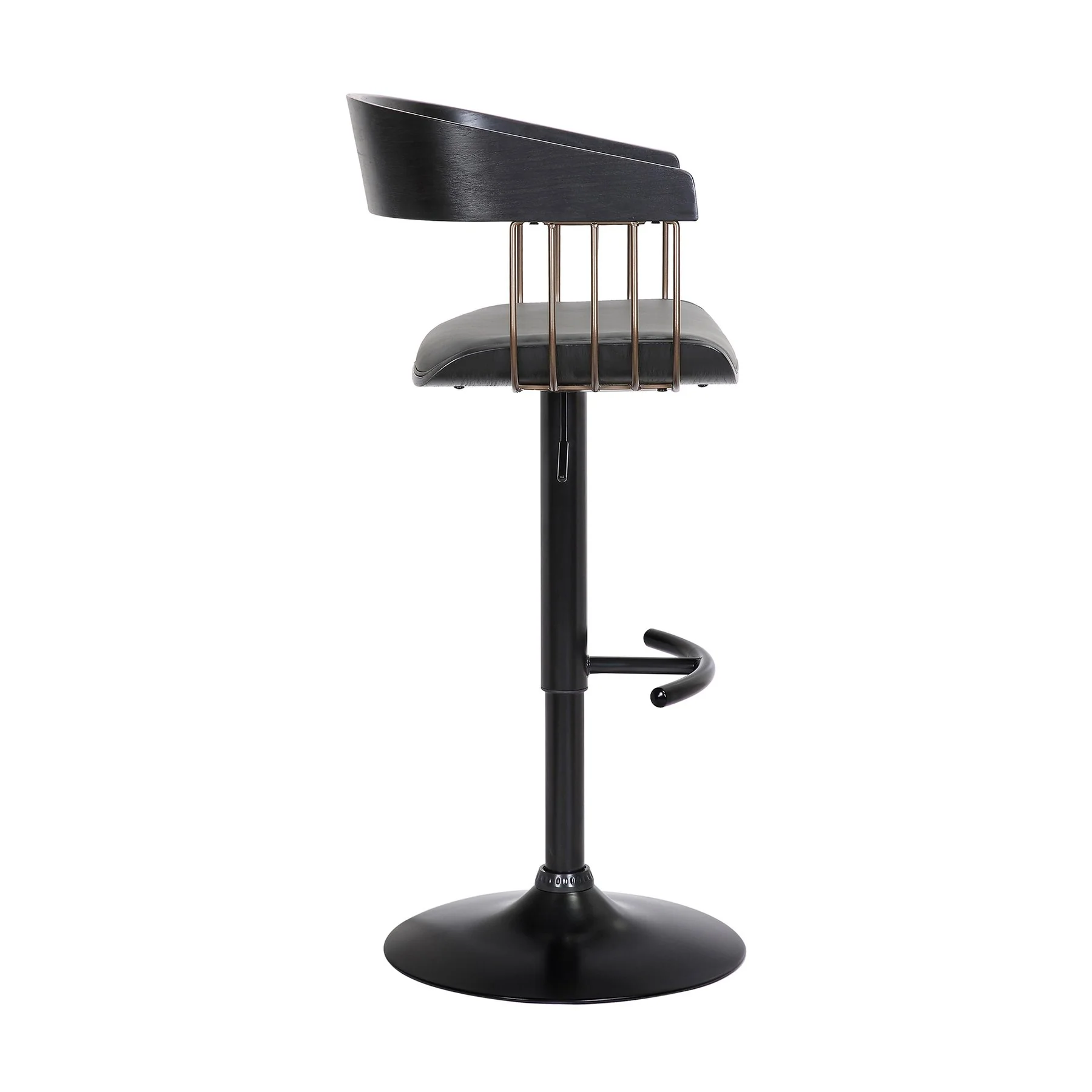 Larisa Adjustable Black Wood Bar Stool in Gray Faux Leather with Golden Bronze and Black Metal - Image 3