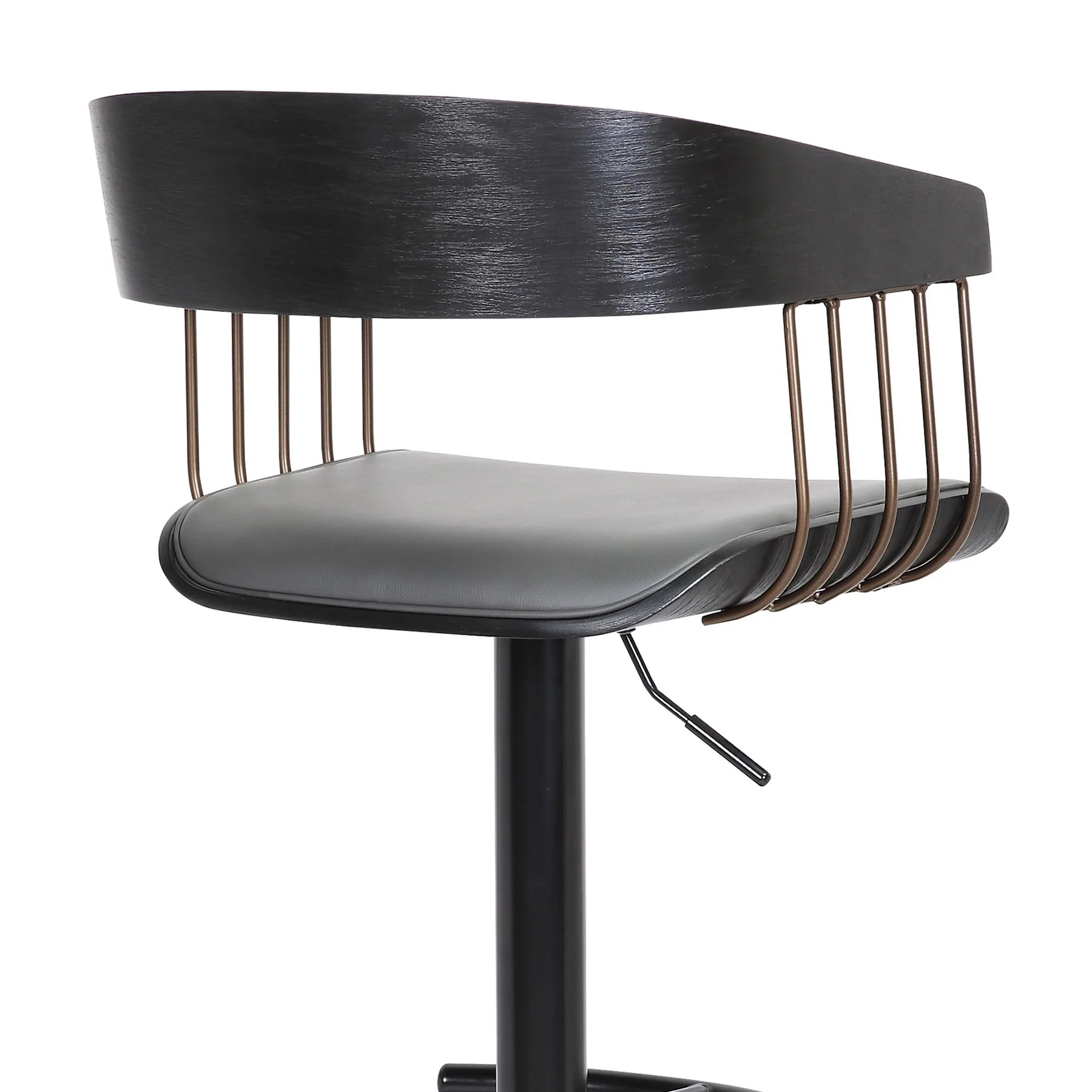 Larisa Adjustable Black Wood Bar Stool in Gray Faux Leather with Golden Bronze and Black Metal - Image 7