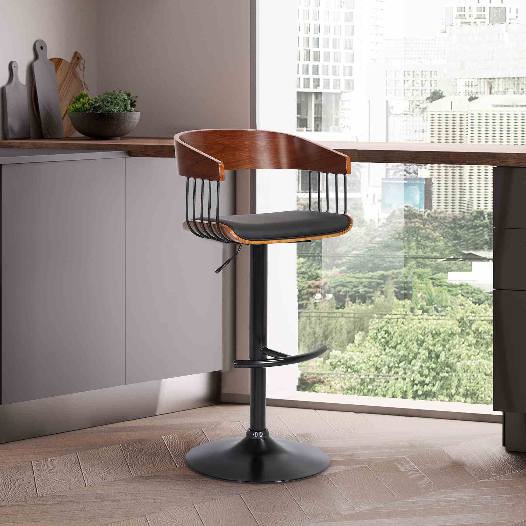 Larisa Adjustable Walnut Wood Bar Stool in Black Faux Leather with Black Metal - Image 10