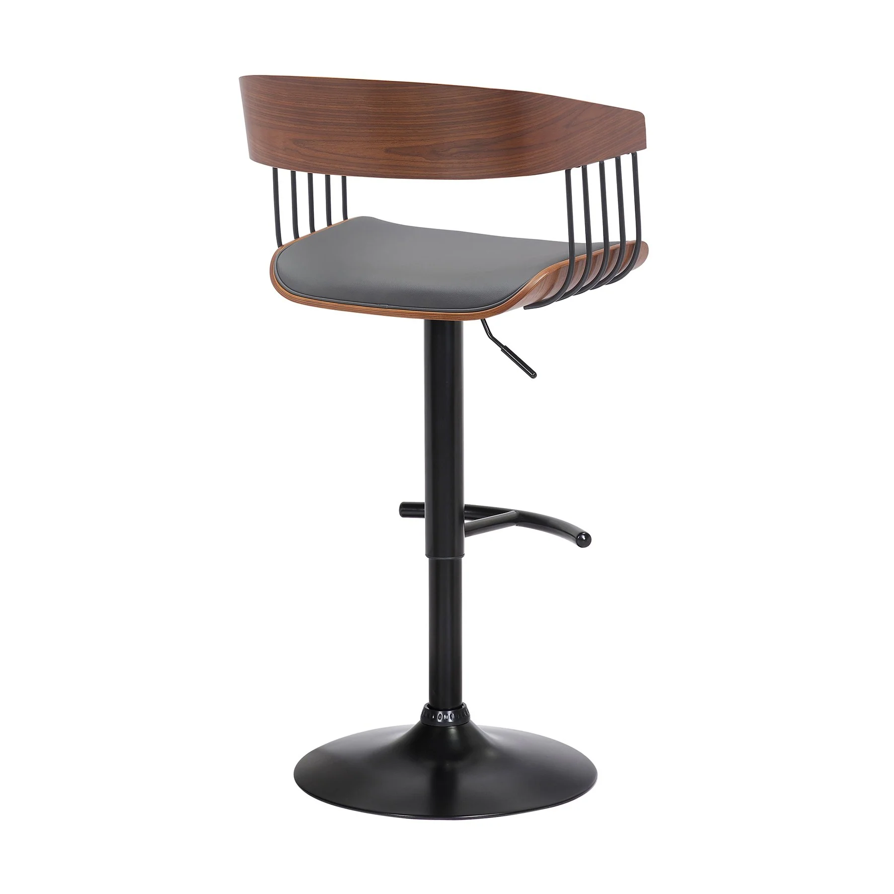 Larisa Adjustable Walnut Wood Bar Stool in Gray Faux Leather with Black Metal - Image 3