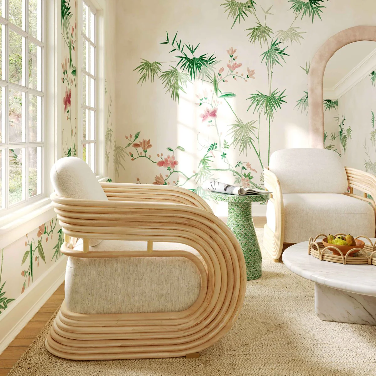 Lauretta Cream Fabric and Natural Rattan Accent Chair - Image 2