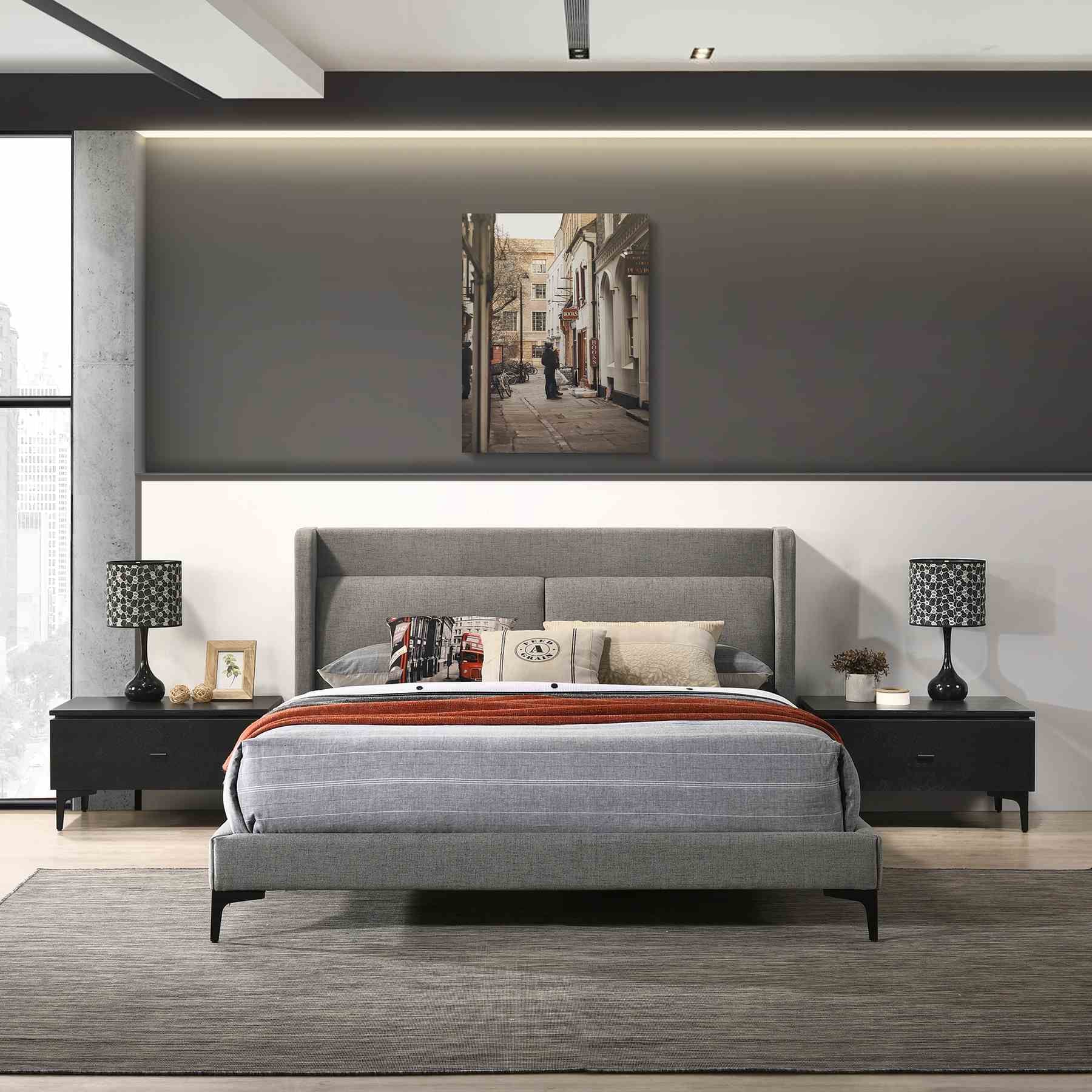 Legend 3 Piece Gray Fabric Queen Platform Bed and Nightstands Bedroom Set - Image 9