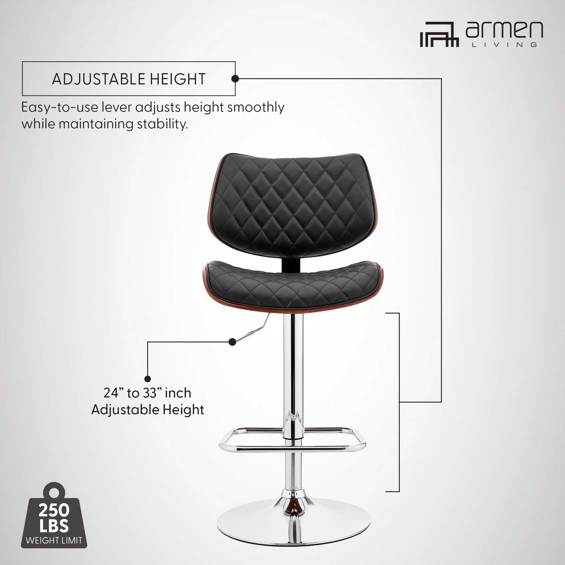 Leland Adjustable Black Faux Leather and Chrome Finish Bar Stool - Image 14