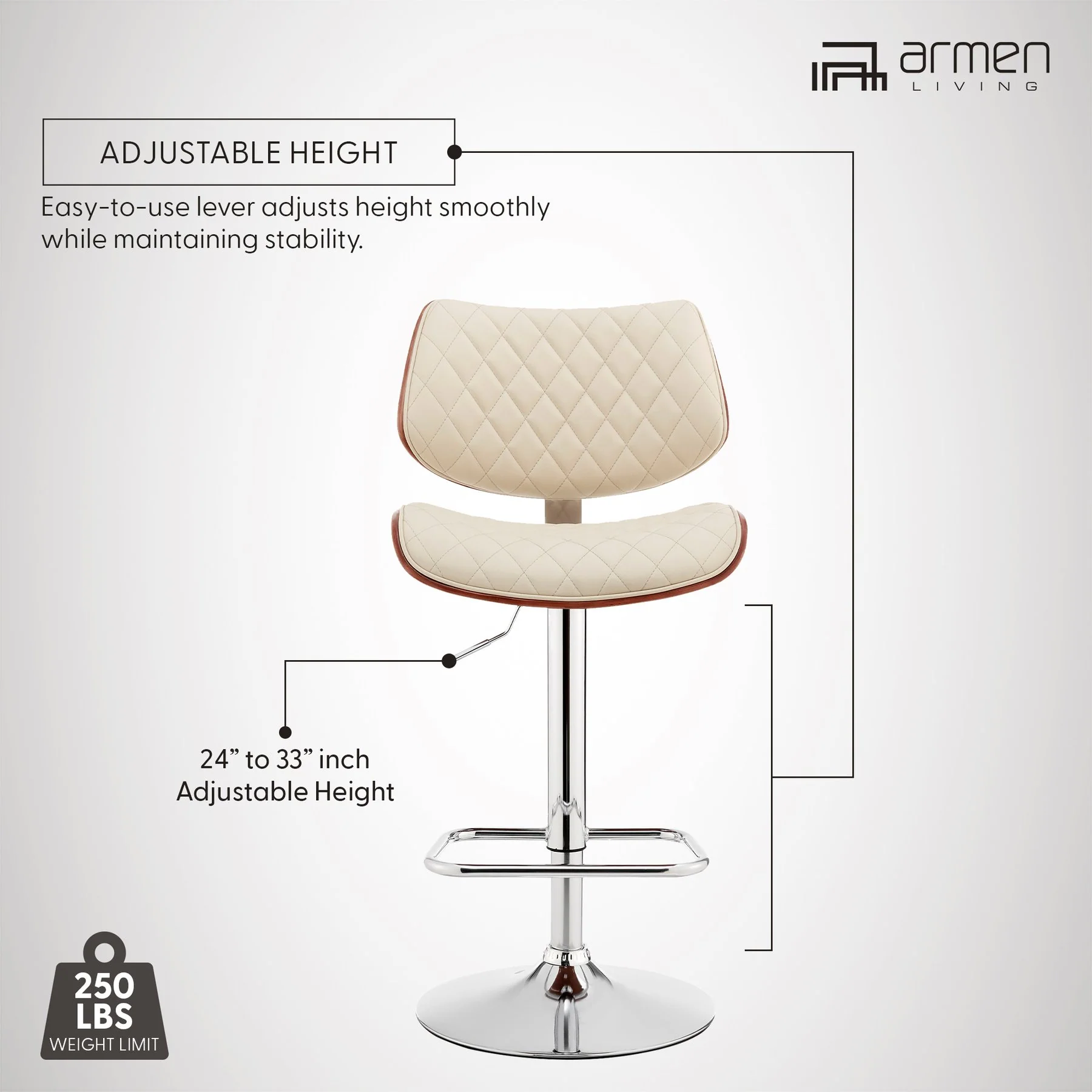 Leland Adjustable Cream Faux Leather and Chrome Finish Bar Stool - Image 14