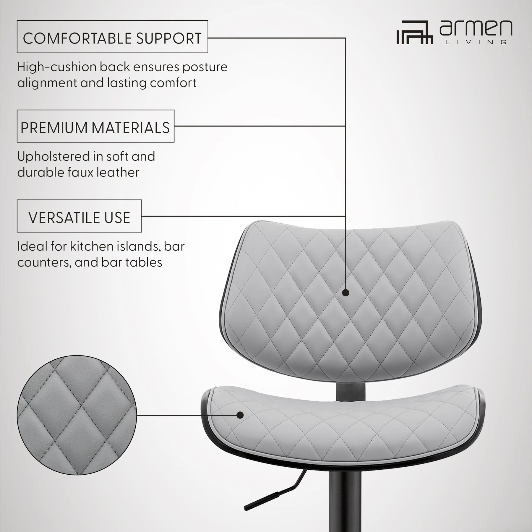 Leland Adjustable Gray Faux Leather and Black Finish Bar Stool - Image 12