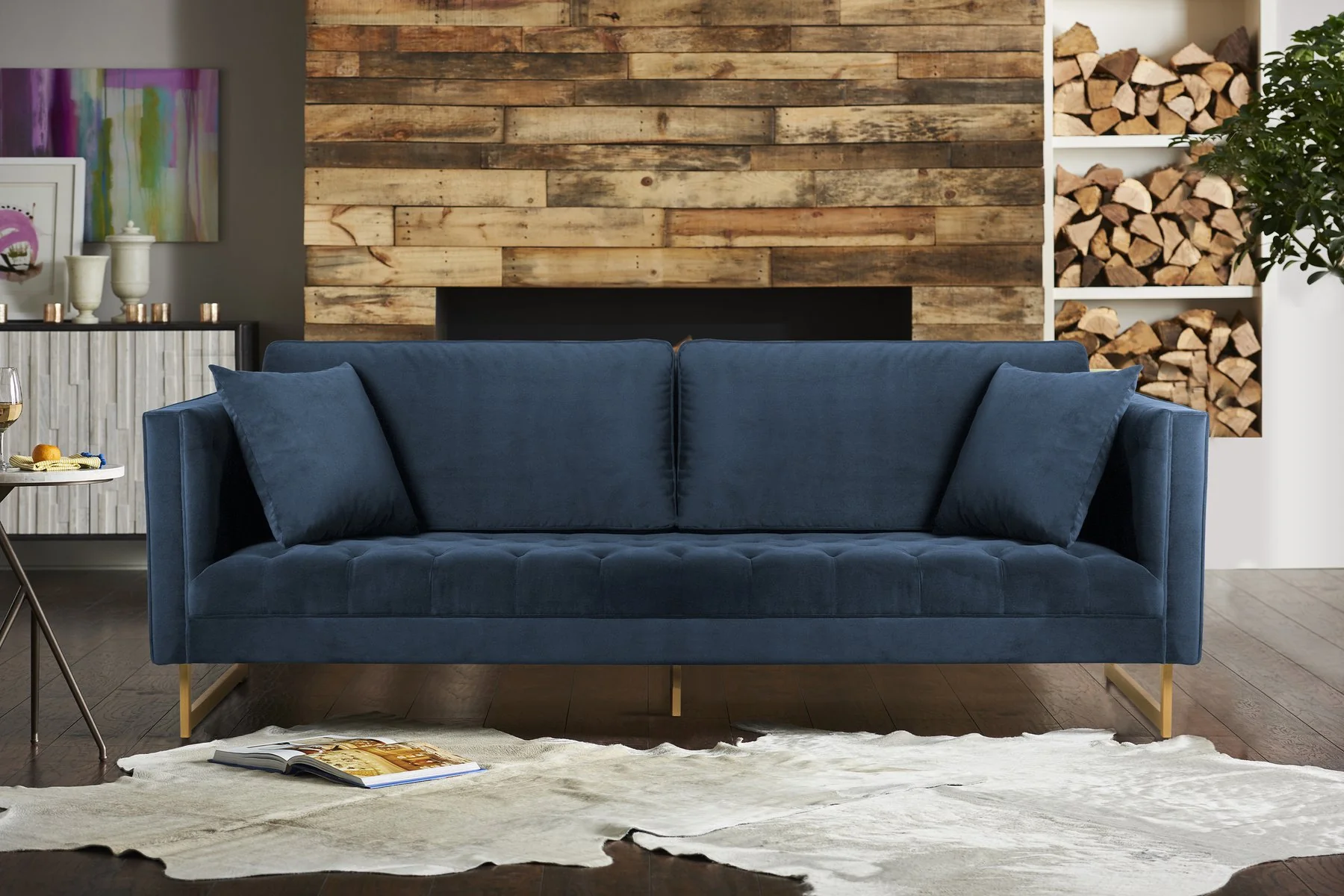 Lenox Blue Velvet Modern Sofa with Brass Legs - Image 6