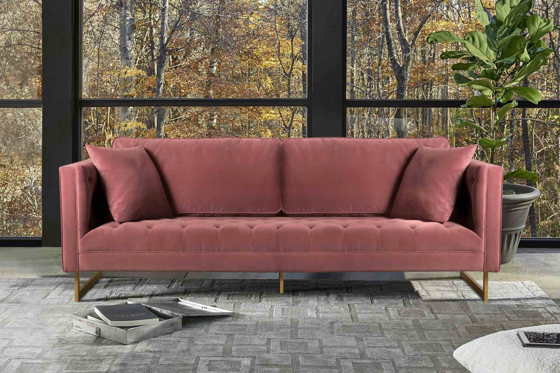 Lenox Pink Velvet Modern Sofa with Brass Legs - Image 8