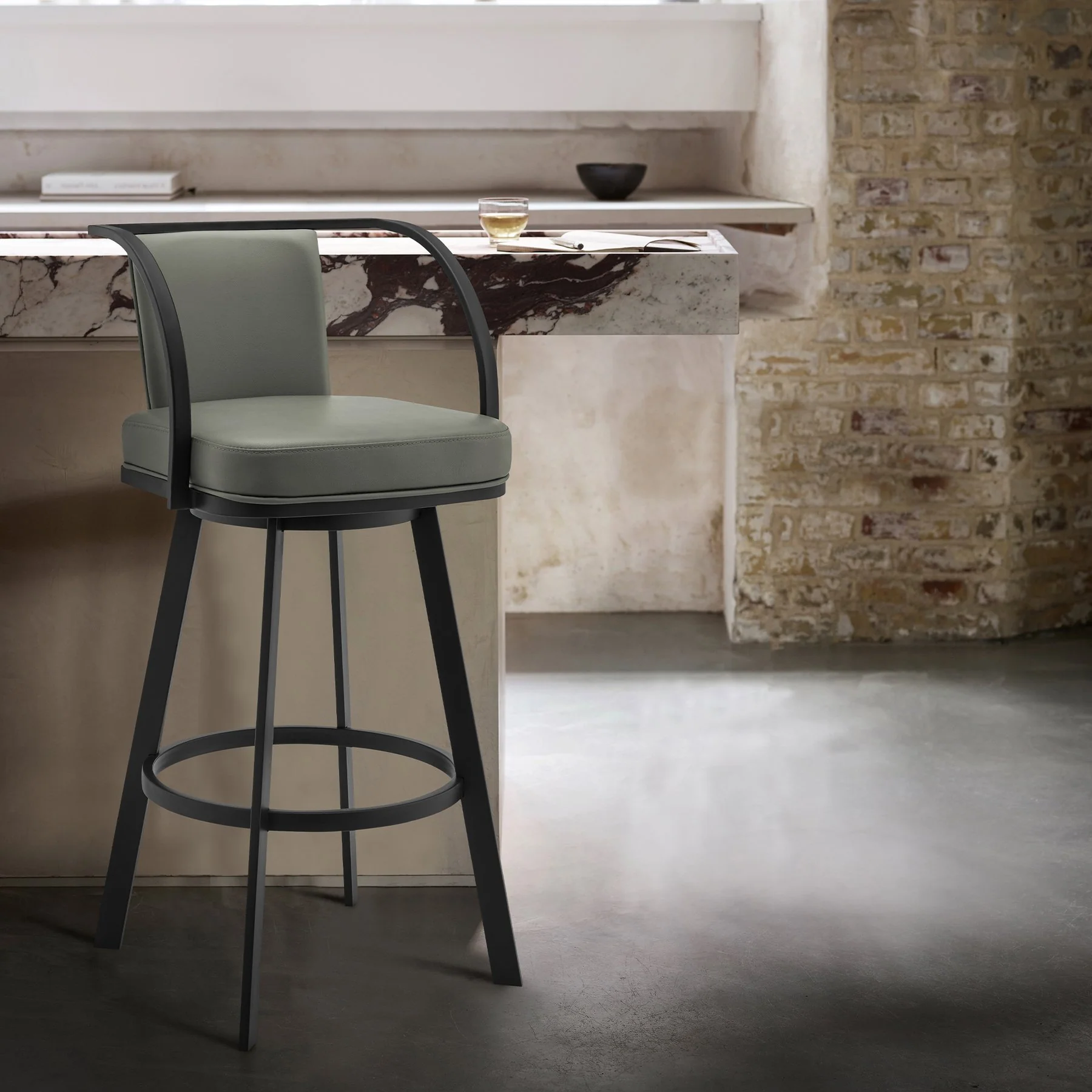 Livingston 30" Gray Faux Leather and Black Metal Swivel Bar Stool - Image 7
