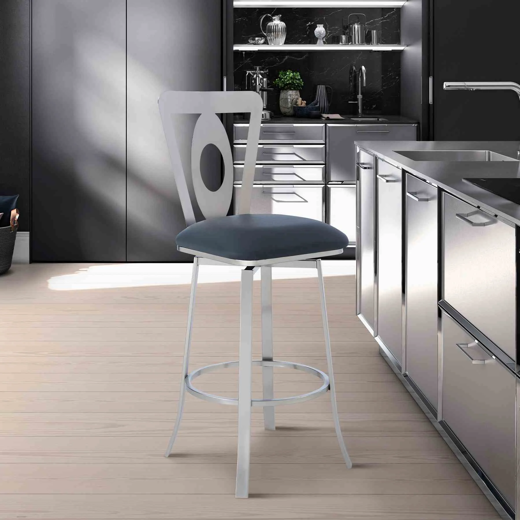 Lola Contemporary 30" Bar Height Barstool in Brushed Stainless Steel Finish and Gray Faux Leather - Image 7