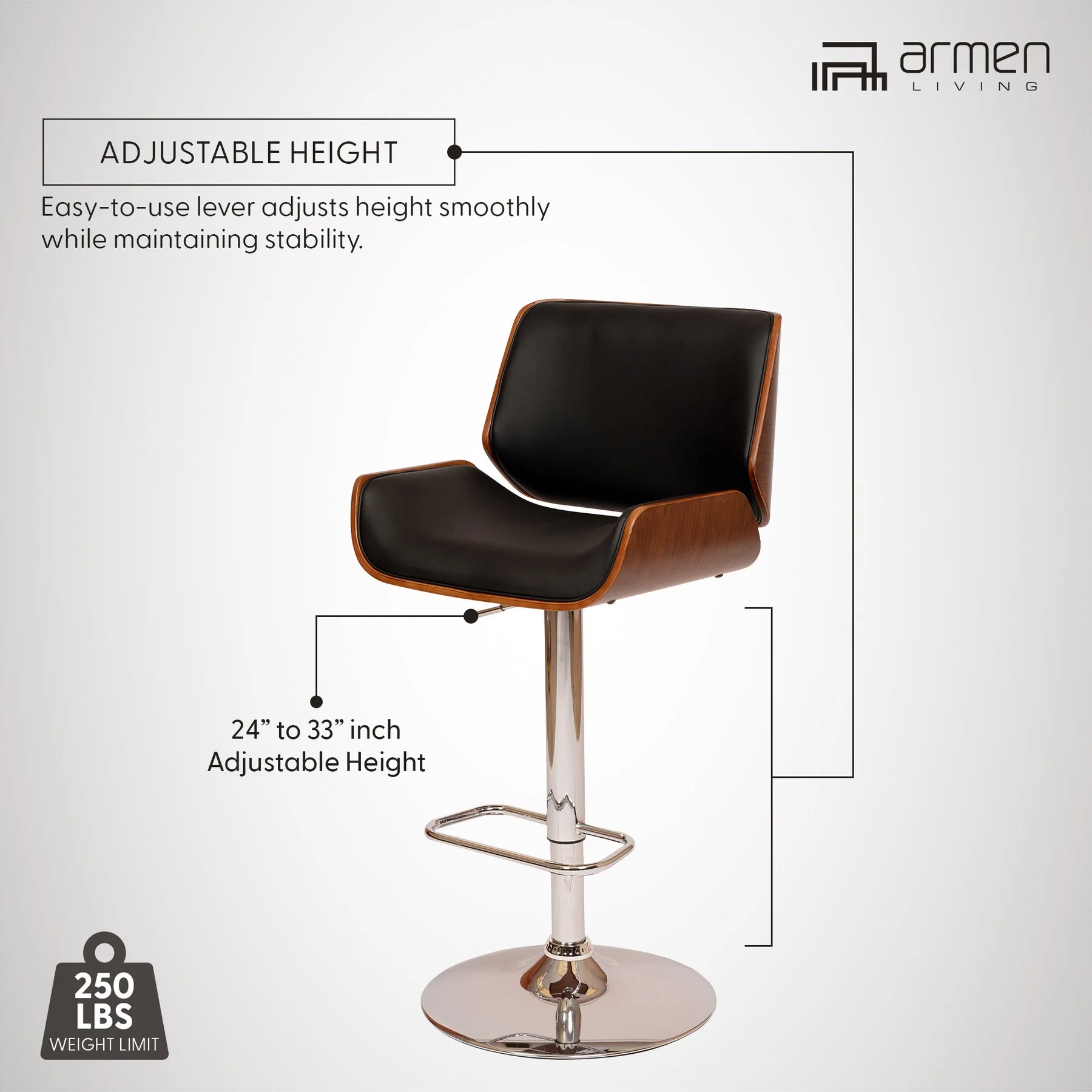 London Black Faux Leather Adjustable Height Swivel Walnut Wood and Chrome Bar Stool - Image 7
