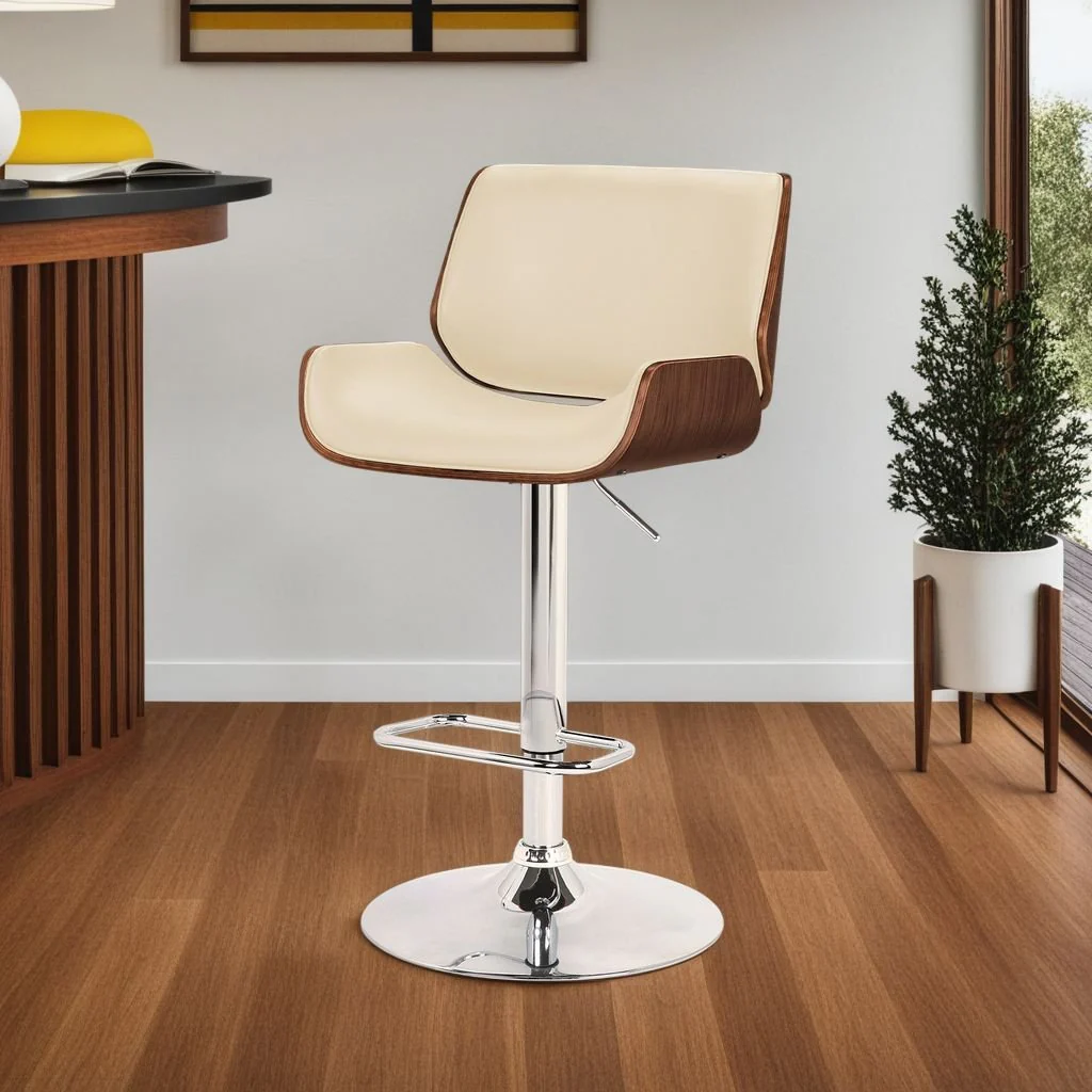 London Cream Faux Leather Adjustable Height Swivel Walnut Wood and Chrome Bar Stool - Image 5