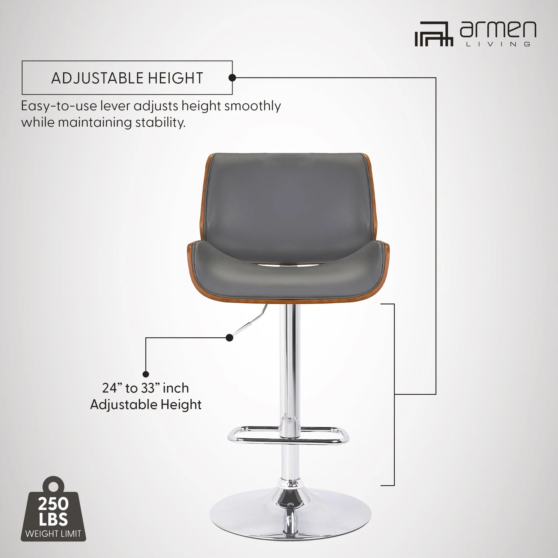 London Gray Faux Leather Adjustable Height Swivel Walnut Wood and Chrome Bar Stool - Image 11
