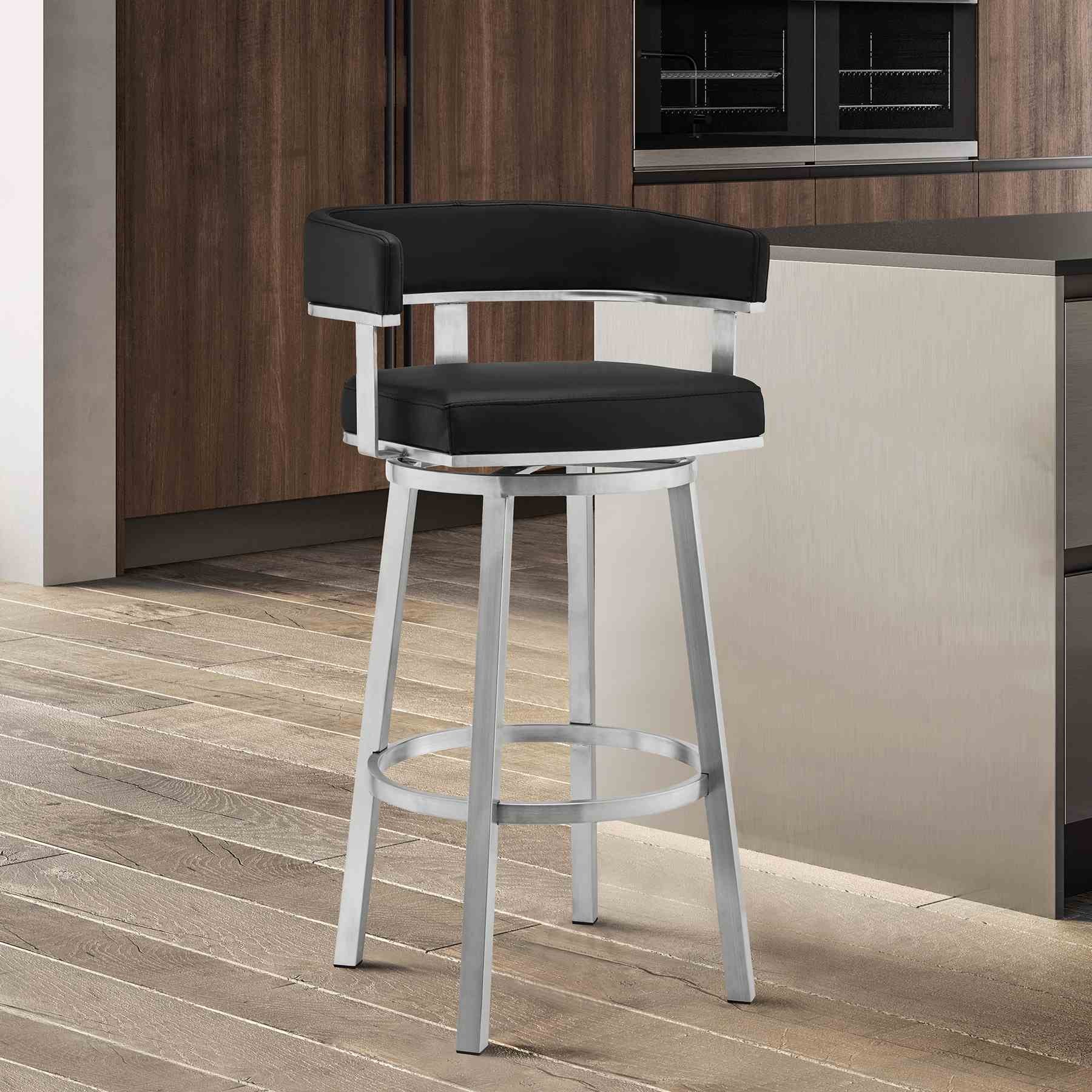 Lorin 26" Black Faux Leather and Brushed Stainless Steel Swivel Bar Stool - Image 8