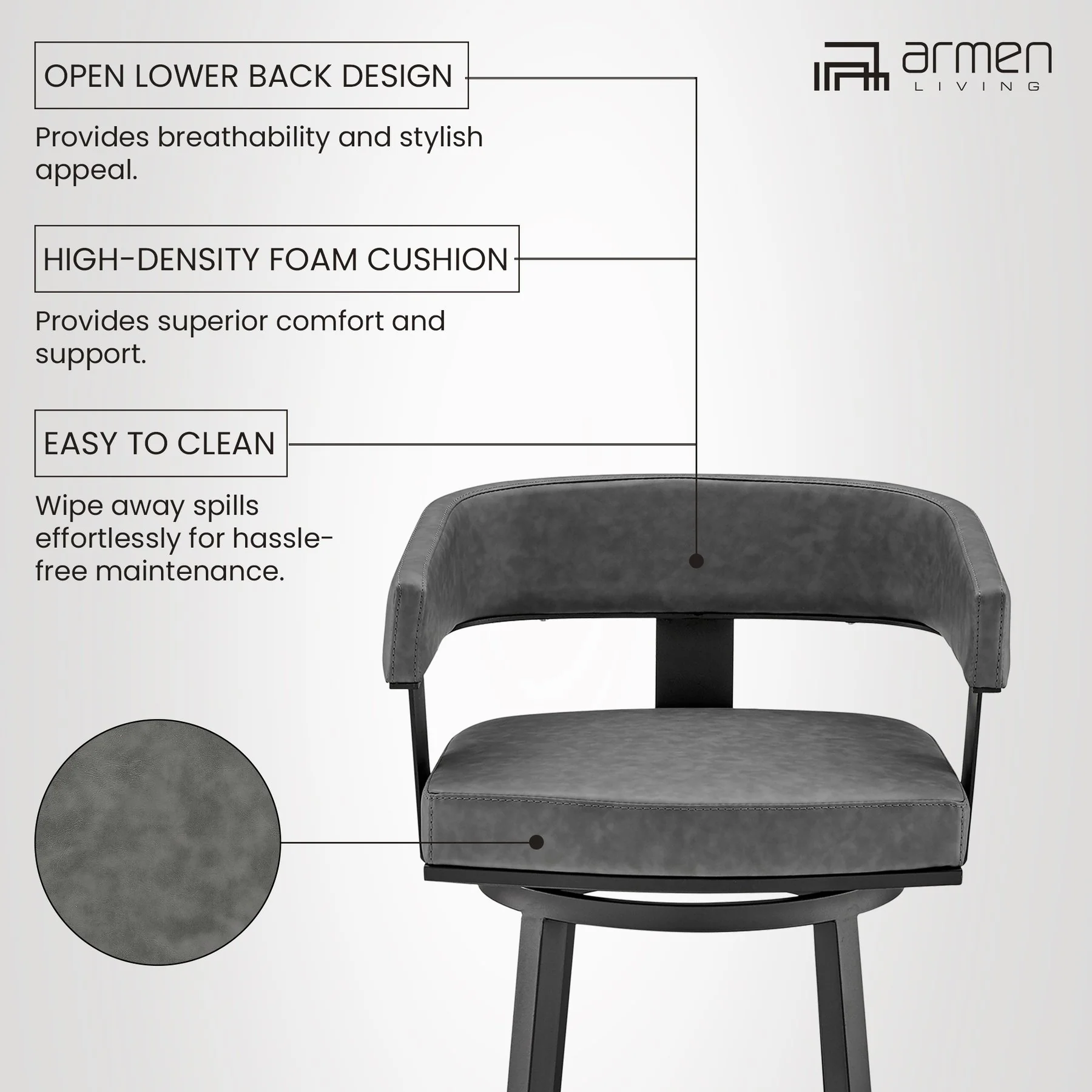 Lorin 26" Counter Height Swivel Bar Stool in Black Finish and Gray Faux Leather - Image 11