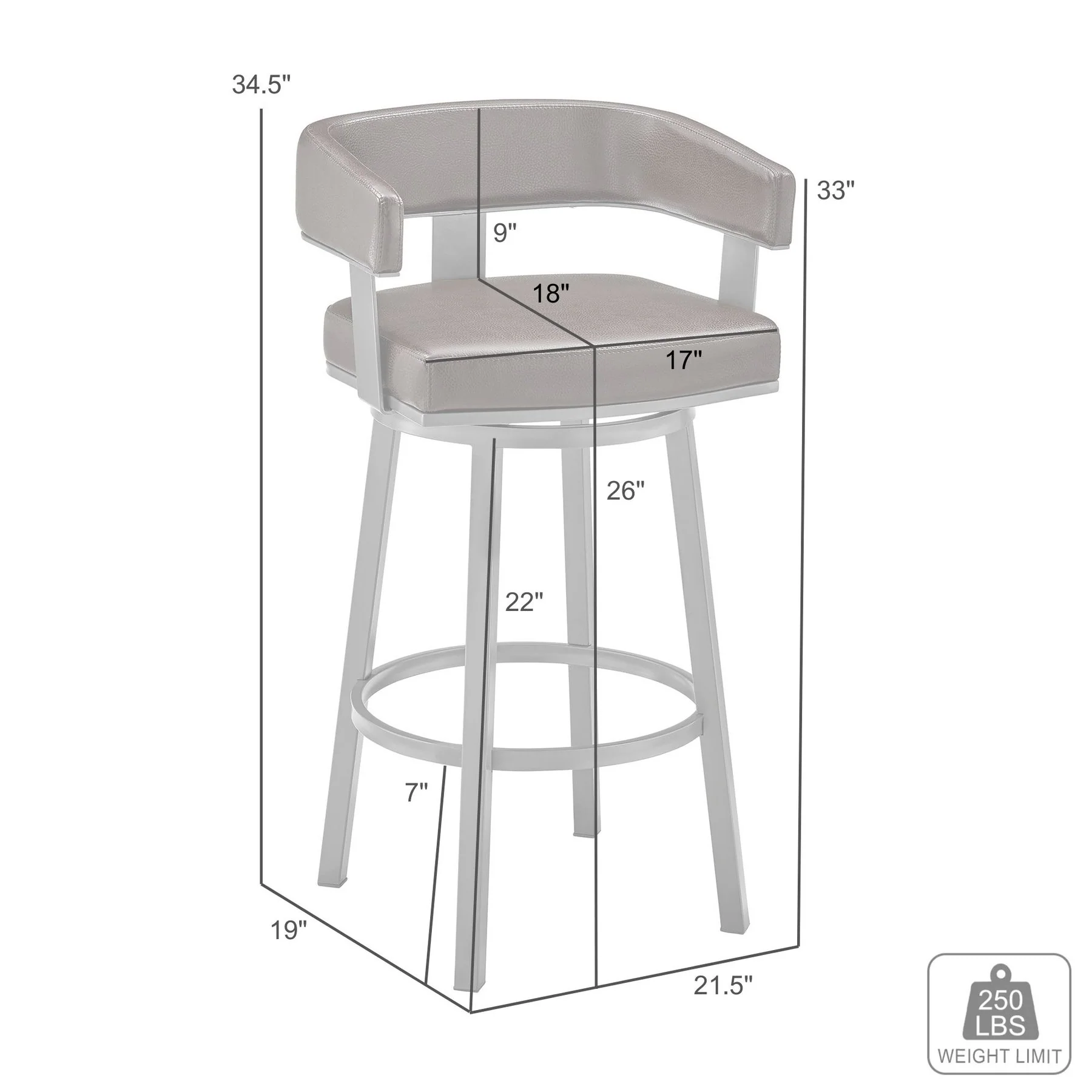 Lorin 26" Counter Height Swivel Bar Stool in Black Finish and Gray Faux Leather - Image 9