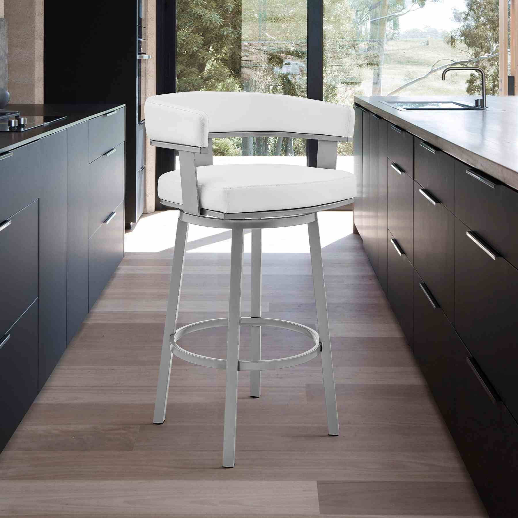 Lorin 26" Counter Height Swivel Bar Stool in Silver Finish with White Faux Leather - Image 10