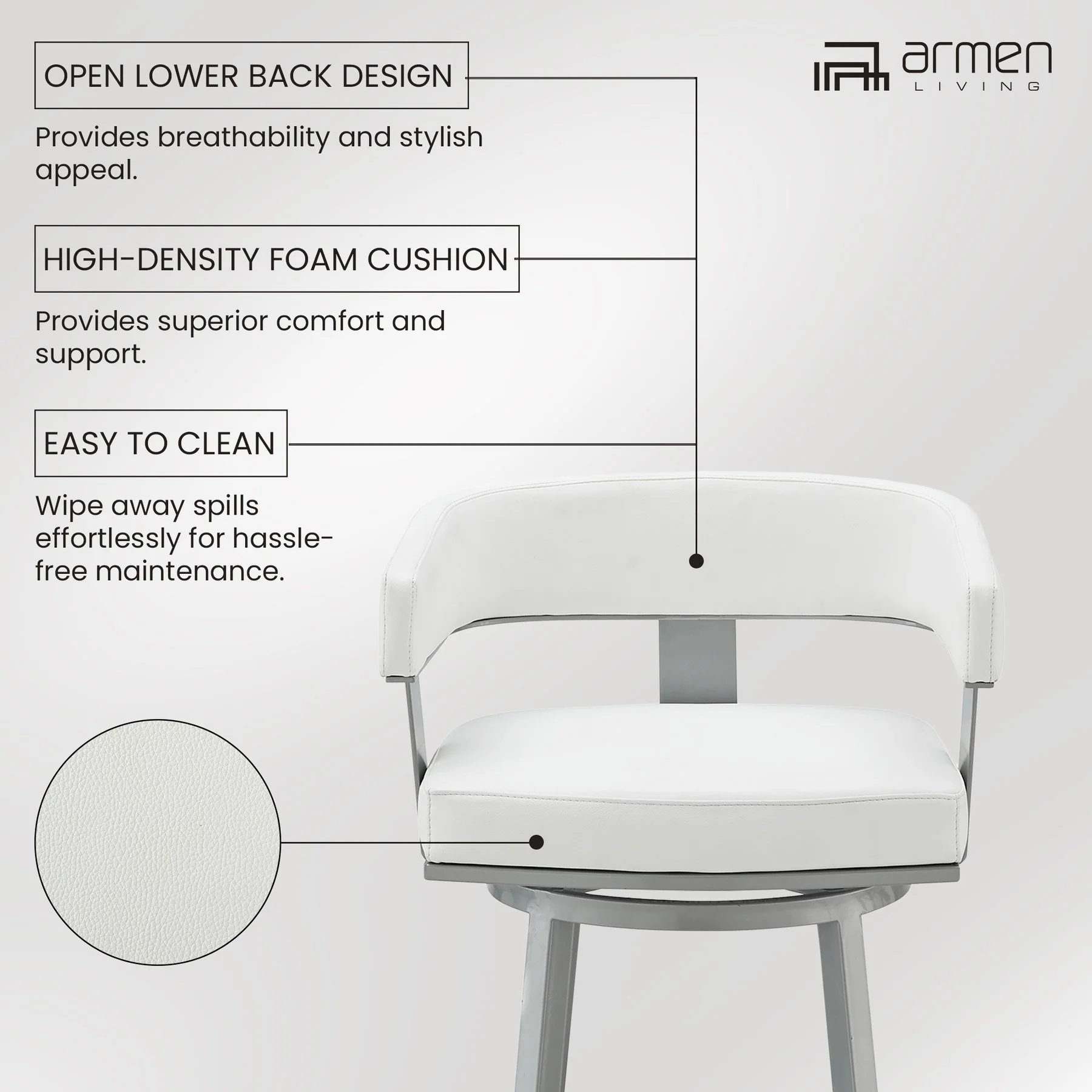 Lorin 26" Counter Height Swivel Bar Stool in Silver Finish with White Faux Leather - Image 11