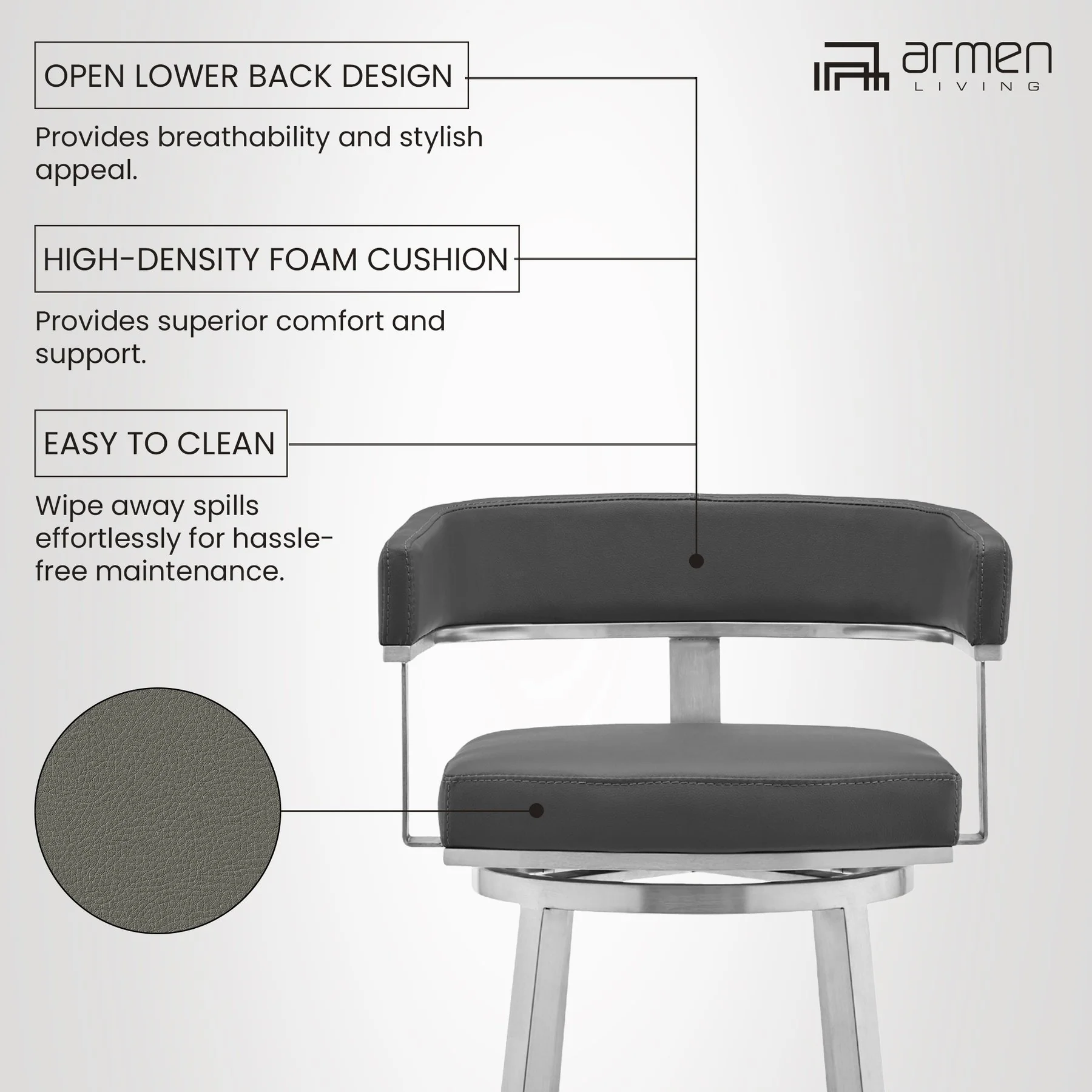 Lorin 26" Gray Faux Leather and Brushed Stainless Steel Swivel Bar Stool - Image 9