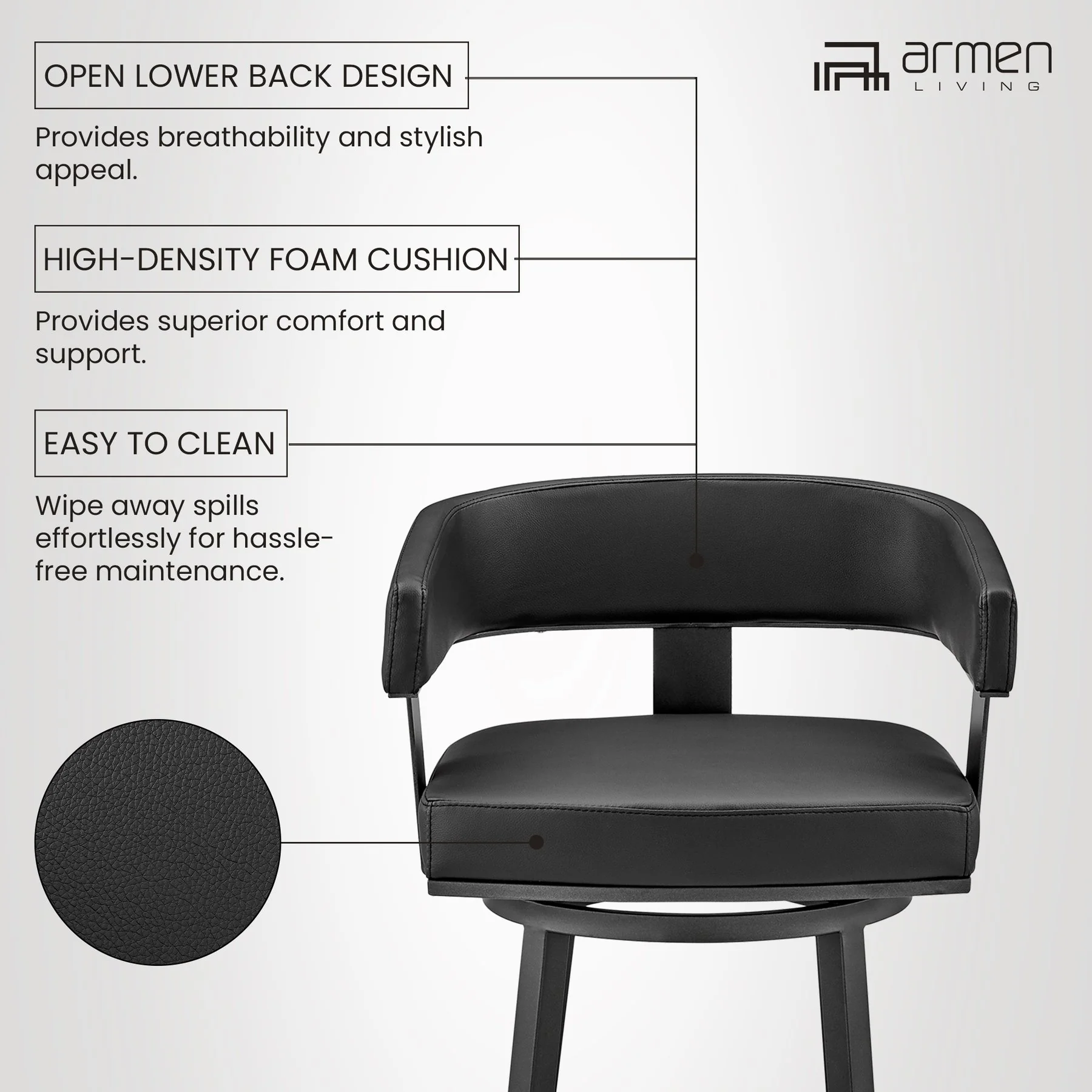 Lorin 30" Bar Height Swivel Bar Stool in Black Finish and Black Faux Leather - Image 11