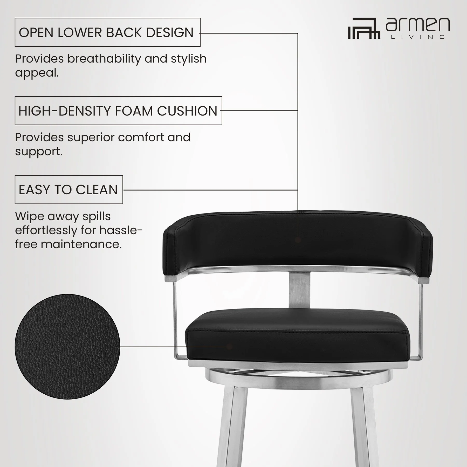 Lorin 30" Black Faux Leather and Brushed Stainless Steel Swivel Bar Stool - Image 9