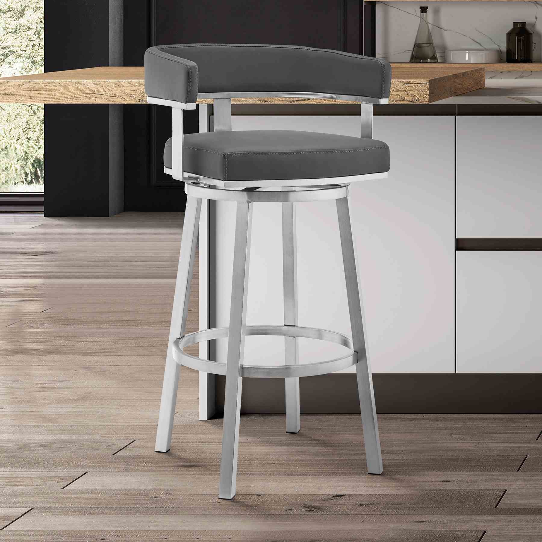 Lorin 30" Gray Faux Leather and Brushed Stainless Steel Swivel Bar Stool - Image 8