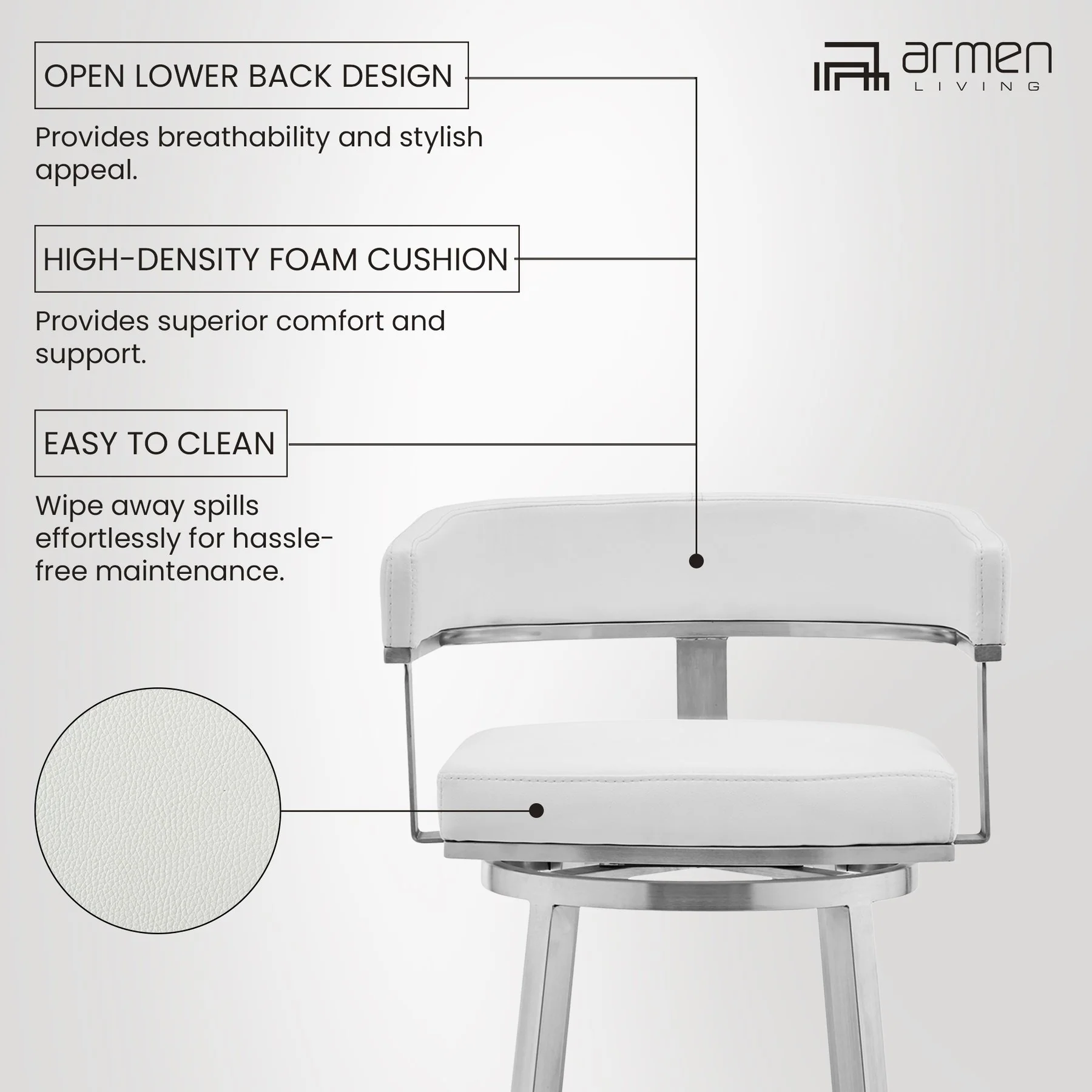 Lorin 30" White Faux Leather and Brushed Stainless Steel Swivel Bar Stool - Image 9