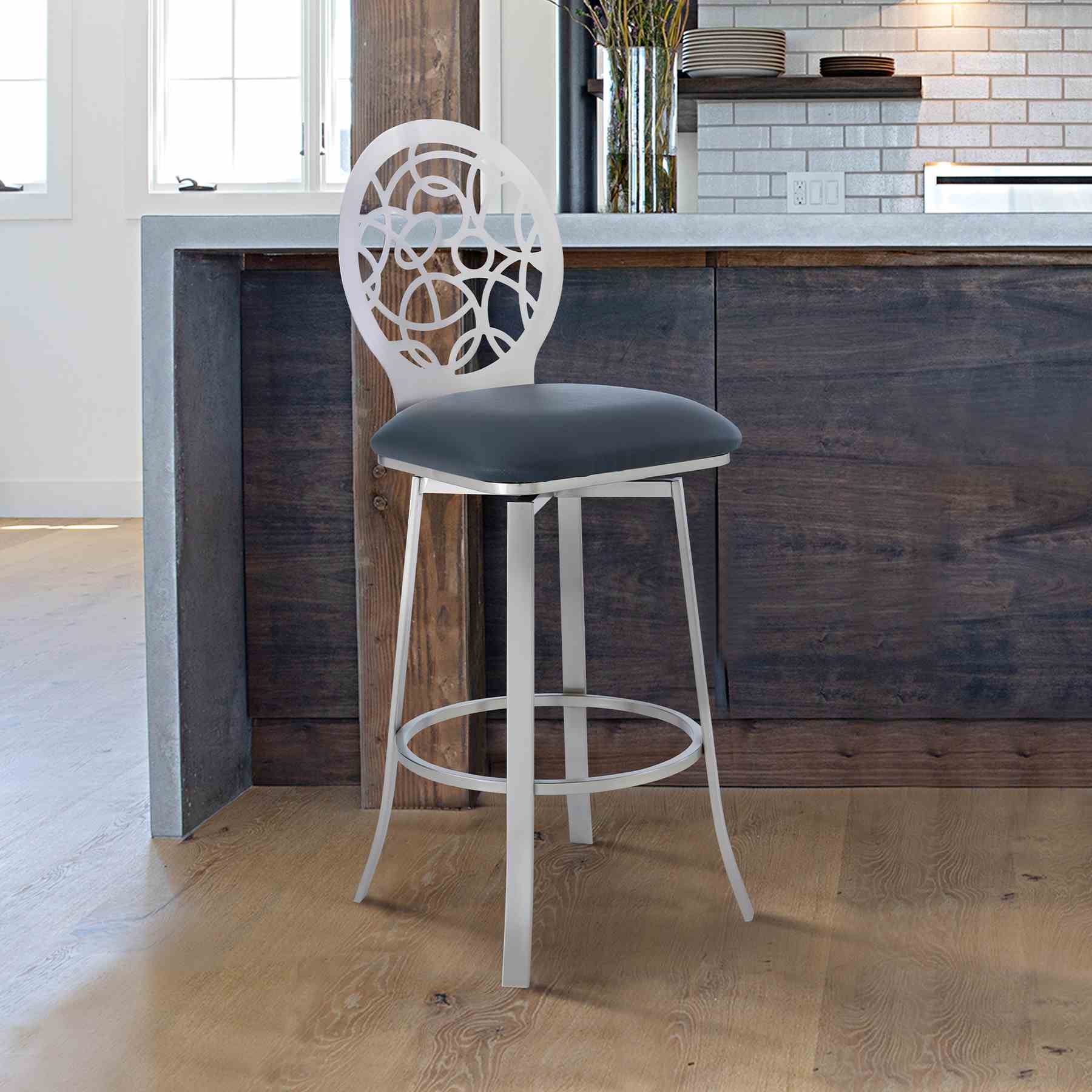 Lotus Contemporary 30" Bar Height Barstool in Brushed Stainless Steel Finish and Gray Faux Leather - Image 7